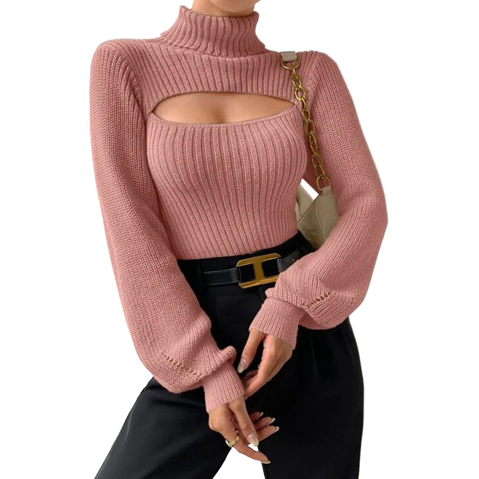 Women's 2025 Fall Fashion 2 Piece Cutout Mock Neck Rib Knit Long Sleeve Pullover Sweater Winter Sweaters for Women