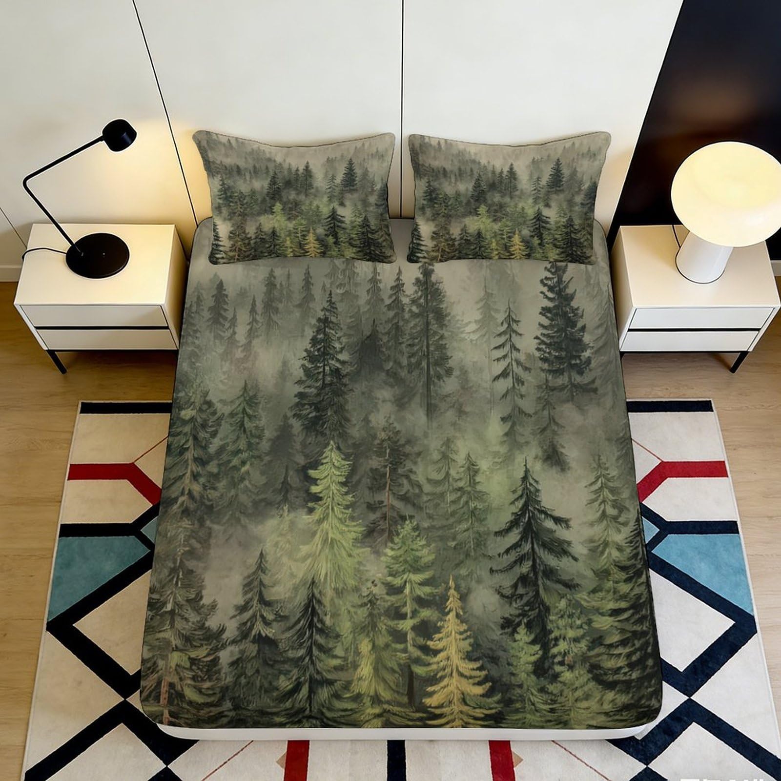 3D Printed Forest Green Fitted Sheet Microfiber Soft Breathable Pine Tree Bed Cover for Bedroom Dormitory Guest Room Mattress Protection Decor 200x200x25cm