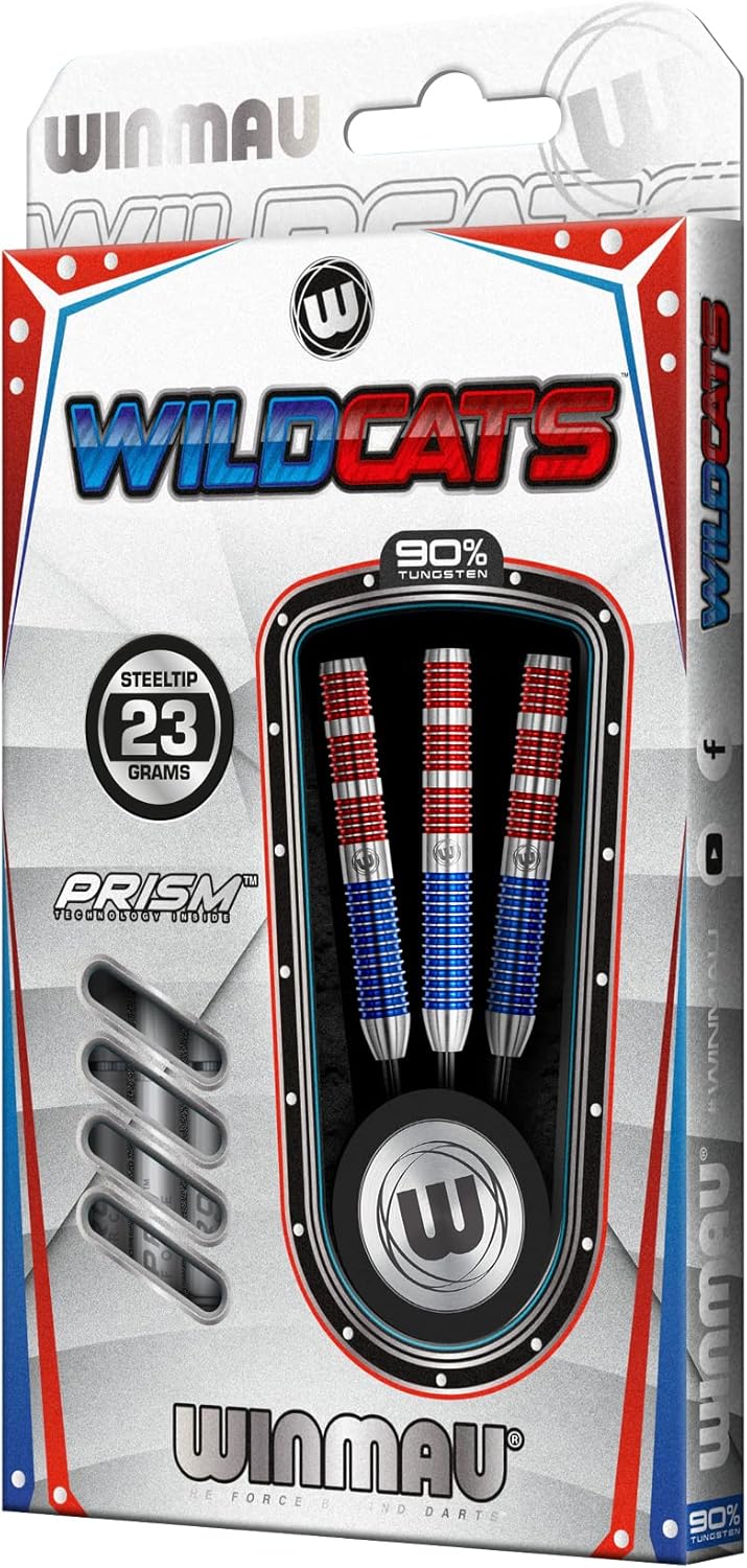 WINMAU Wildcats 90% Tungsten Darts Set with Flights and Stems (Shafts) - Prism Technology - Match Weighed