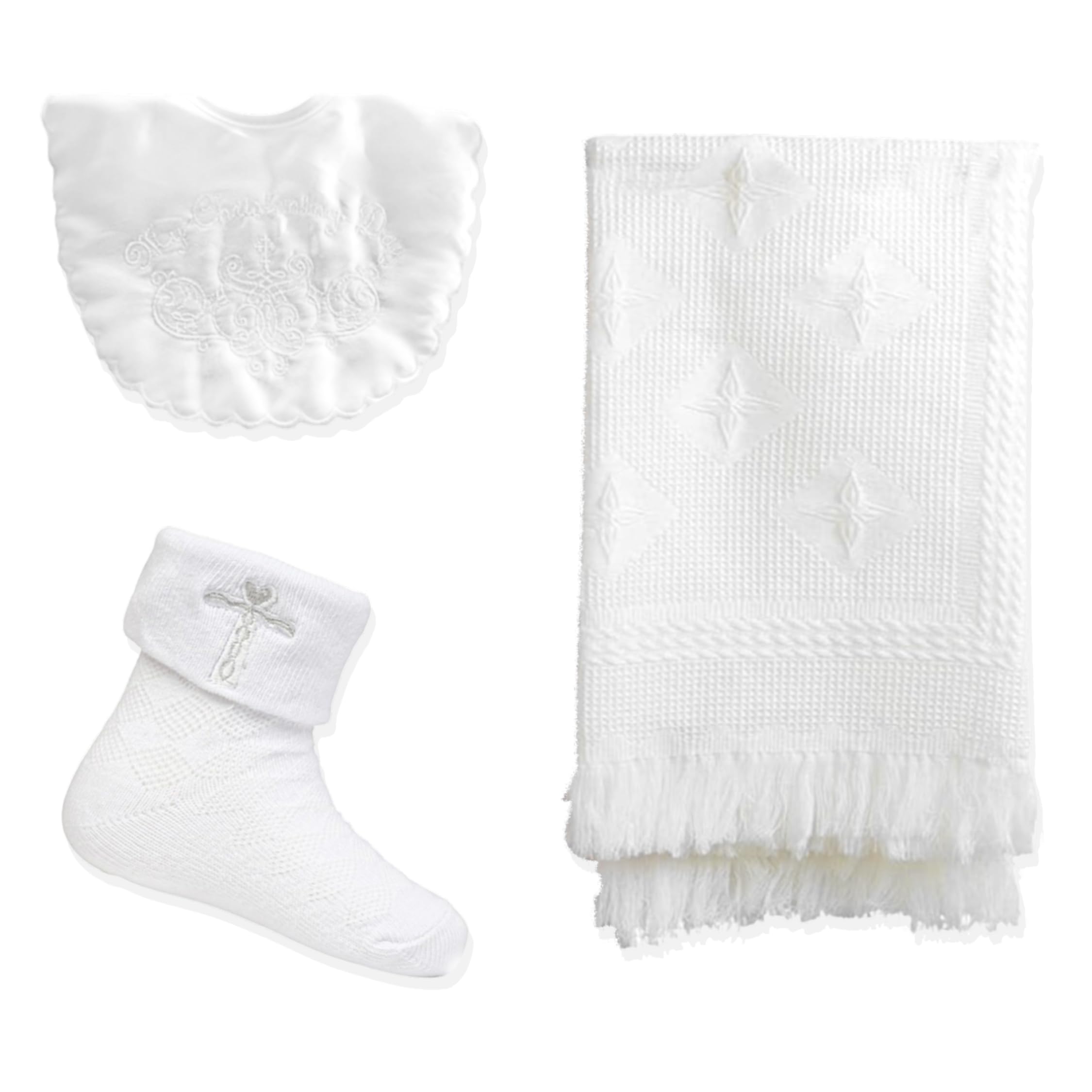 Baby Togs Men's White Baby Christening Set - Shawl, Bib & Socks Baptism Gift Set For Baby Boys And Girls 0-6 Months & 6-12 Months 6-12 Months