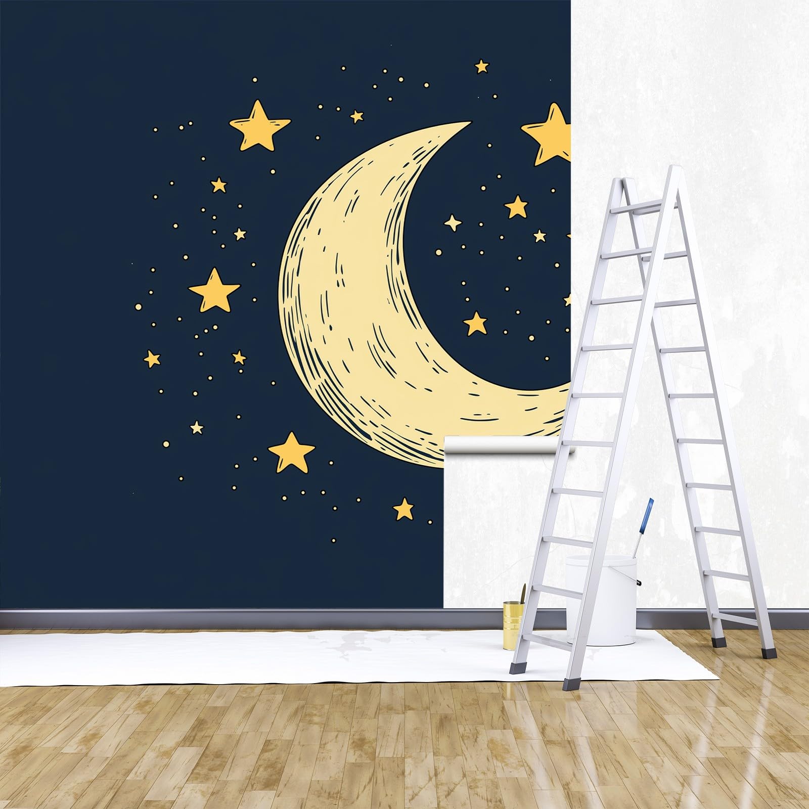 Tapeta ścienna z księżycem i gwiazdami w stylu Doodle, fototapeta, księżyc i gwiazdy, tapeta ścienna, 400 x 280 cm (szer. x wys.), dekoracja ścienna, tapeta dekoracyjna, tapeta ścienna, tapeta do