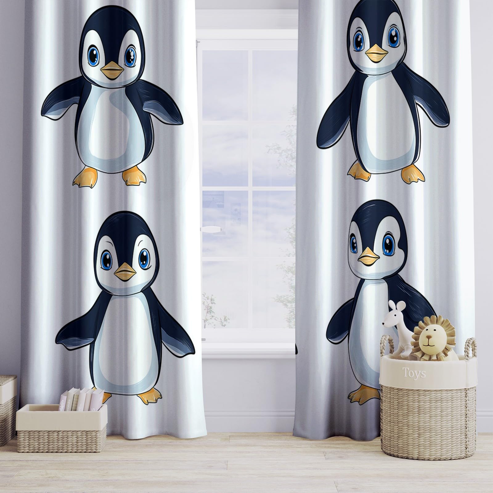 Generisch Weiß 2er Set Verdunkelungsvorhänge mit Ösen, Cartoon-Pinguin Illustration Blickdicht Thermo Isoliert Vorhänge für Wohnzimmer & Schlafzimmer, HxB 214 x 91.5 cm