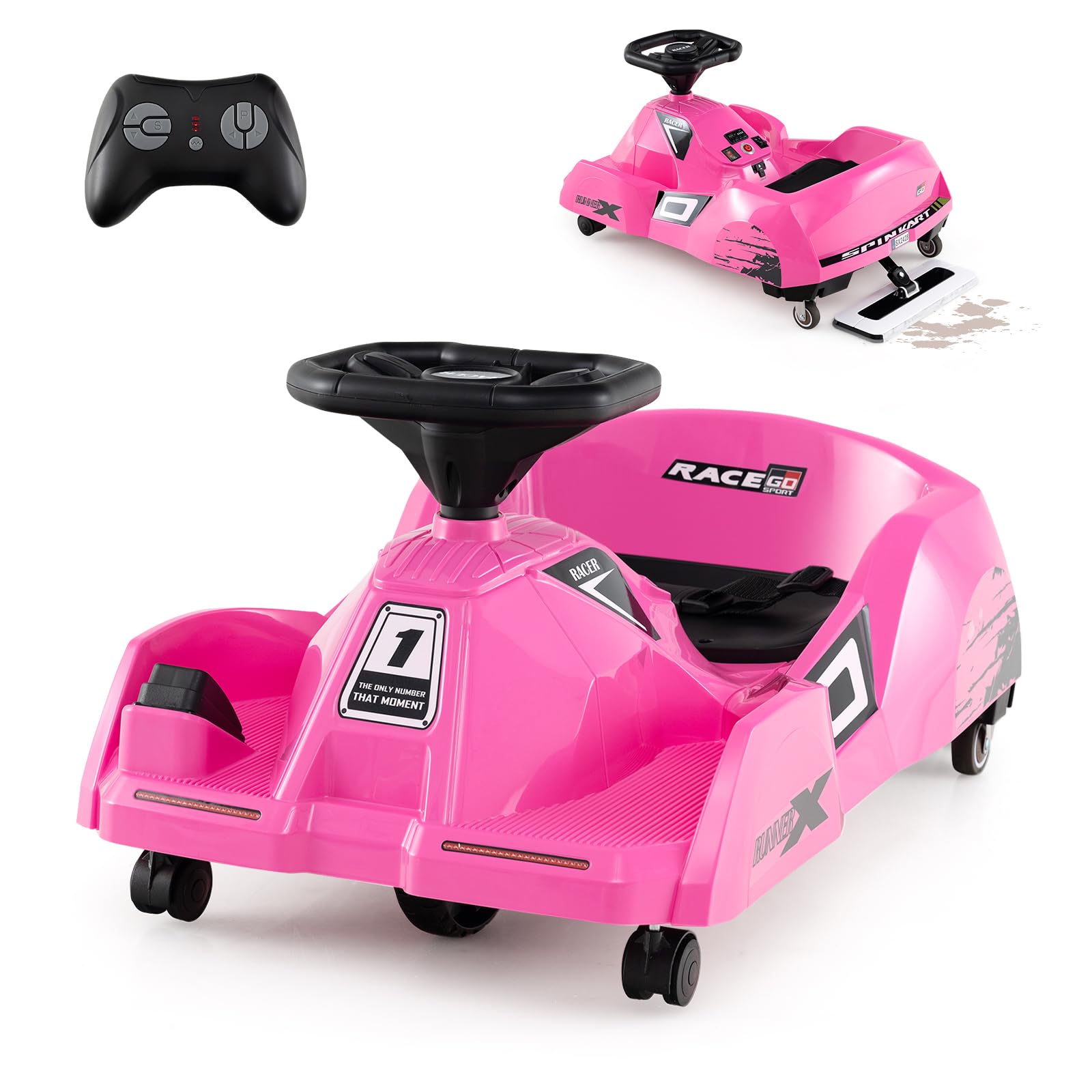 COSTWAY 12V Electric Go Kart, Kids Ride on Racing Car with Detachable Mop, 3 Speeds, Remote Control, Horn, Music & Wireless Connection, Battery Powered Cleaning Go Cart for 2-5 Years Old (Pink)