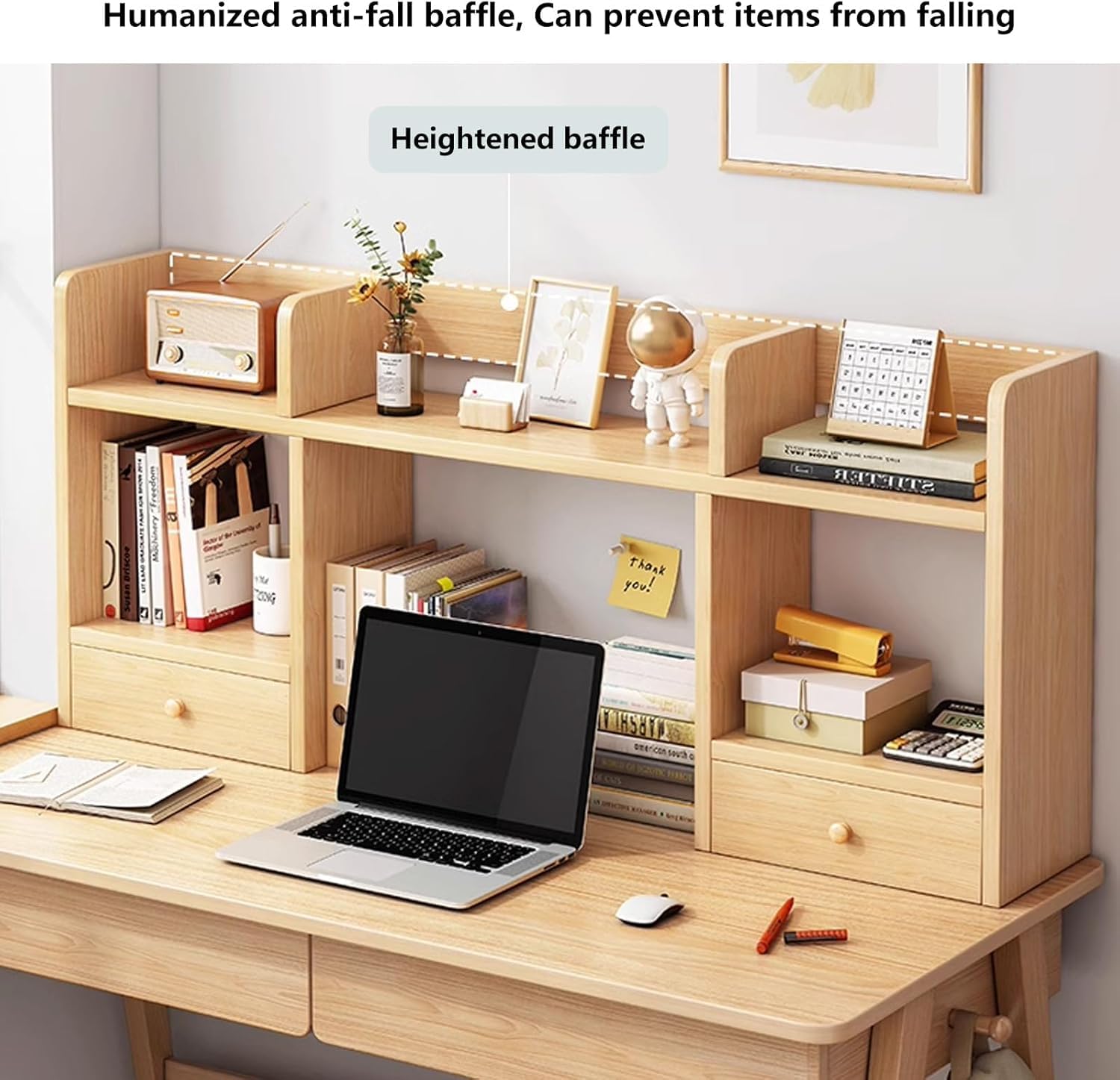 Schreibtisch-Bücherregal aus Holz mit 2 Schubladen und 5 Regalen, freistehender Schreibtischstall, stilvoller brauner Aufbewahrungs-Organizer für Zuhause, Büro, Wohnzimmer, Arbeitszimmer (Holzfarbe