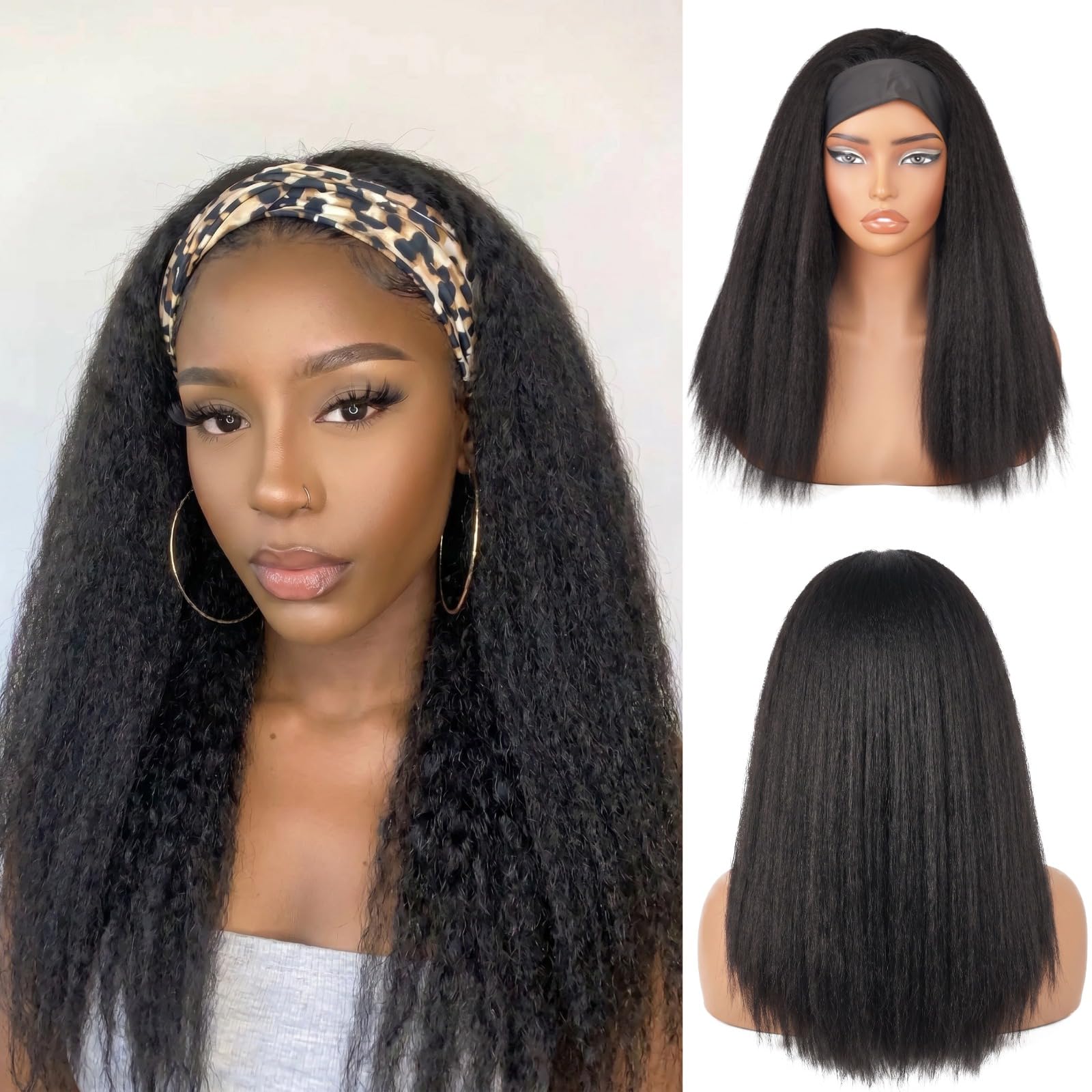 Kinky Straight Headband Wig 200% Density Yaki Straight Synthetic Half Wig Headband Wigs for Black Women None Lace Front Glueless Wig with Headband Attached, #1B Black 18 inch