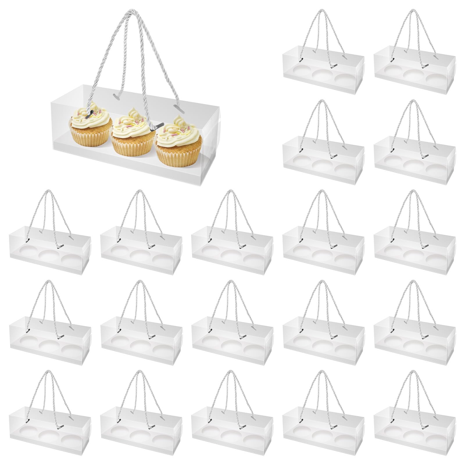 NZWBSHSSP 20Pcs Clear Cupcake Containers Boxes - 3 Hole Standard Cupcake Holders with Handle for Muffin, Party, Wedding, Cake Shop (White)