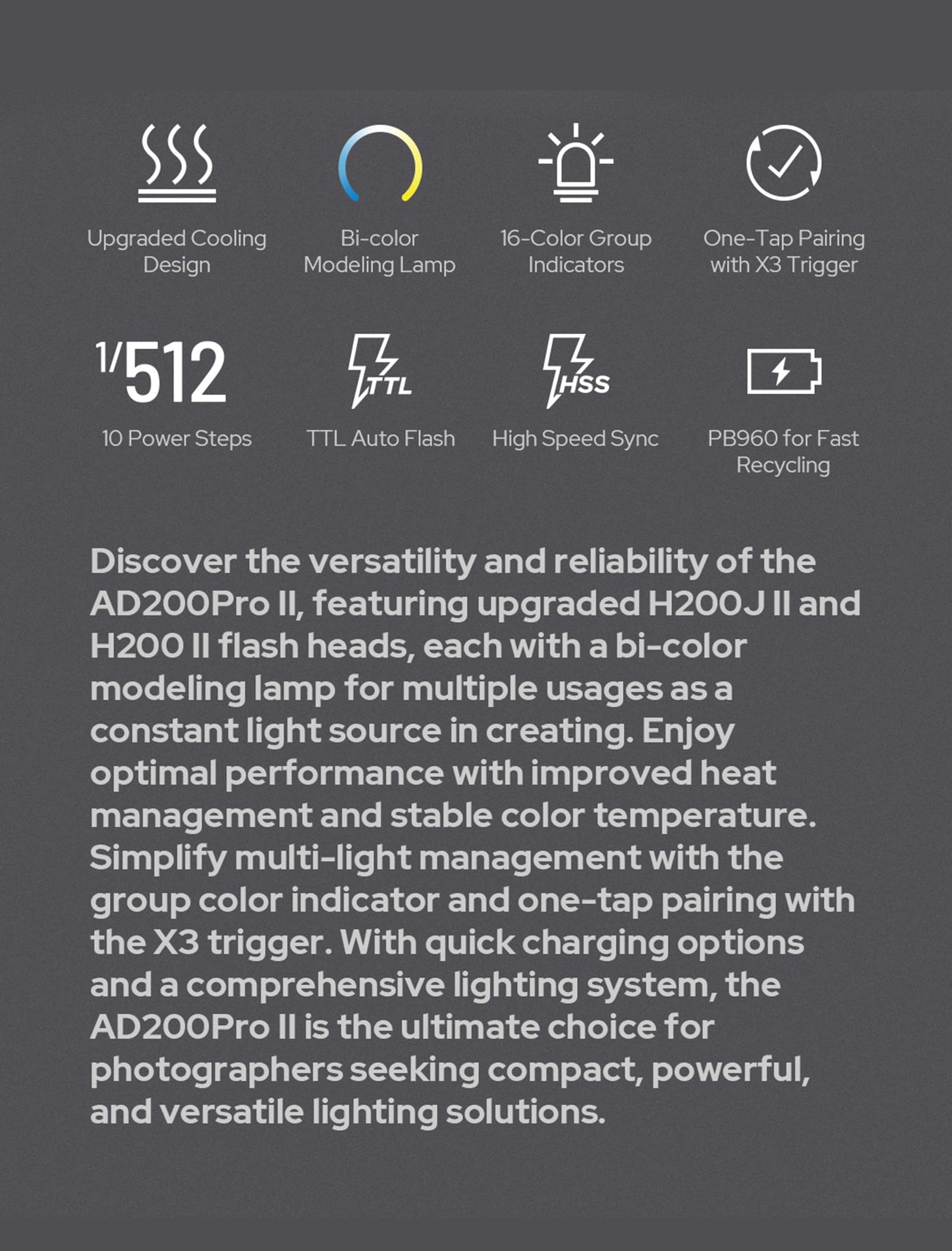 Godox AD200Pro II, One-Tap Sync X3, Têtes Flash Optimisées, LED Modélisation BiColor, Indicateur Groupe Couleur, Puissance 1/512 à 1/1