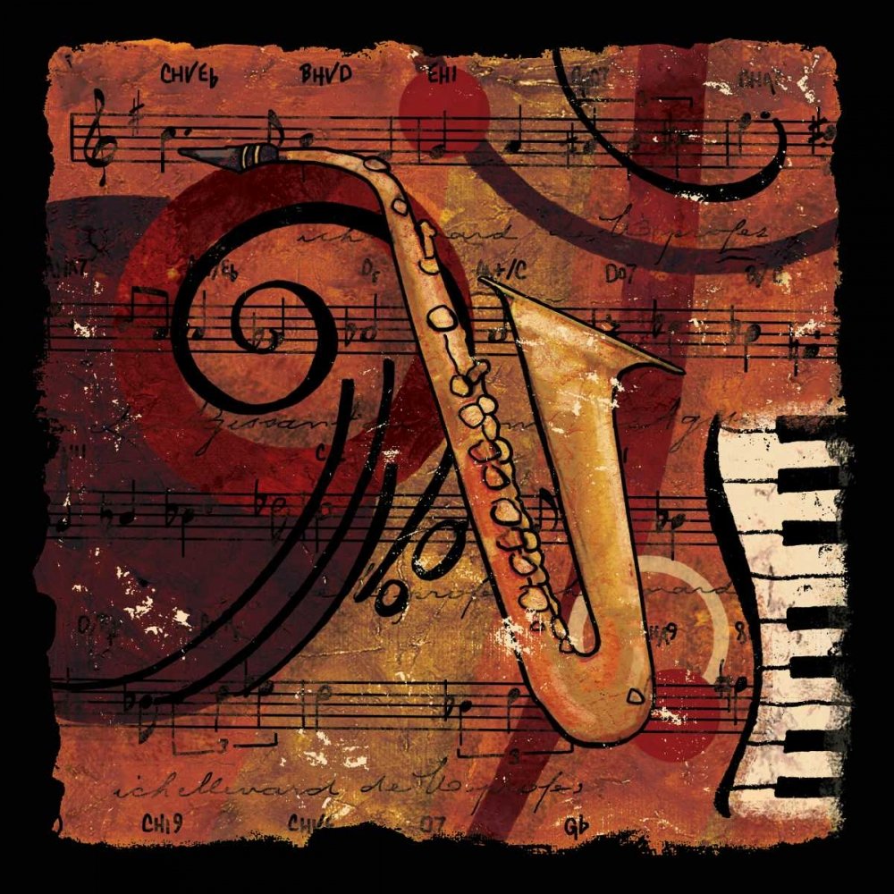 Immagine su TELA ROLLED Jazz Music IV CW Designs Inc. - Quadro astratto Stampa artistica sassafono corno jazz musica pianoforte rosso arancione giallo Tela fine art 16_X_16_in