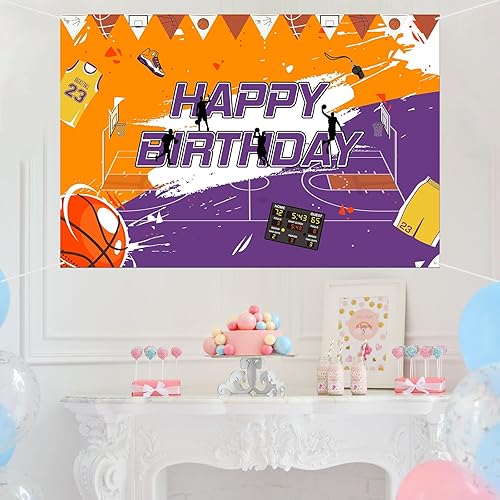 Miniatura 6 de Cartel de fondo de baloncesto con texto en inglés Happy Birthday de baloncesto para fotografía de cumpleaños, suministros de decoración de fondo
