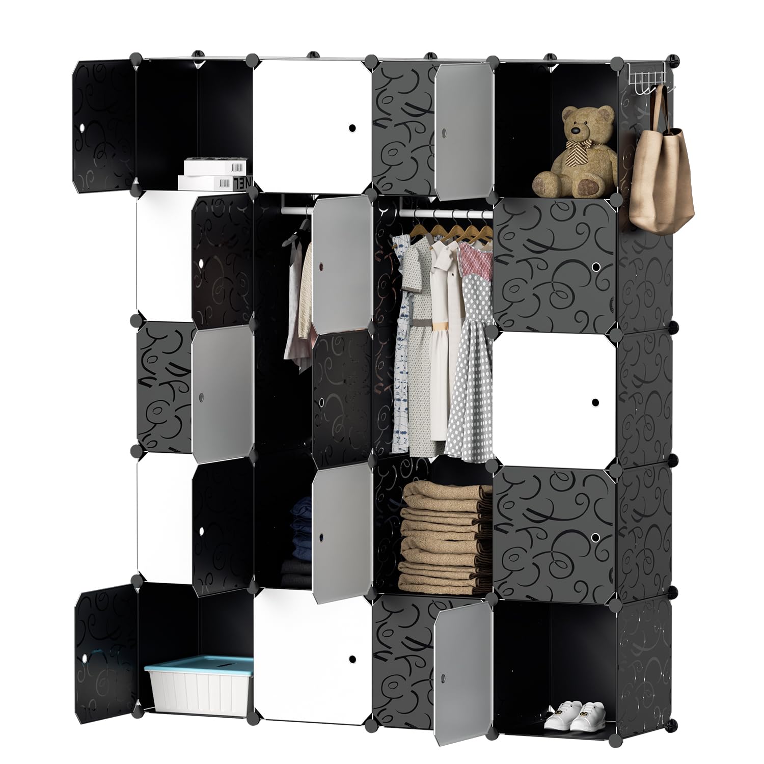 Herrselsam DIY Kleiderschrank Regalsystem 20 Würfel Garderobe Kleiderschrank Offen Kunststoff Garderobe mit Türen Garderobenschrank mit Kleiderbügel & Kleiderhaken(Schwarz und Weiß 175x140x35CM)