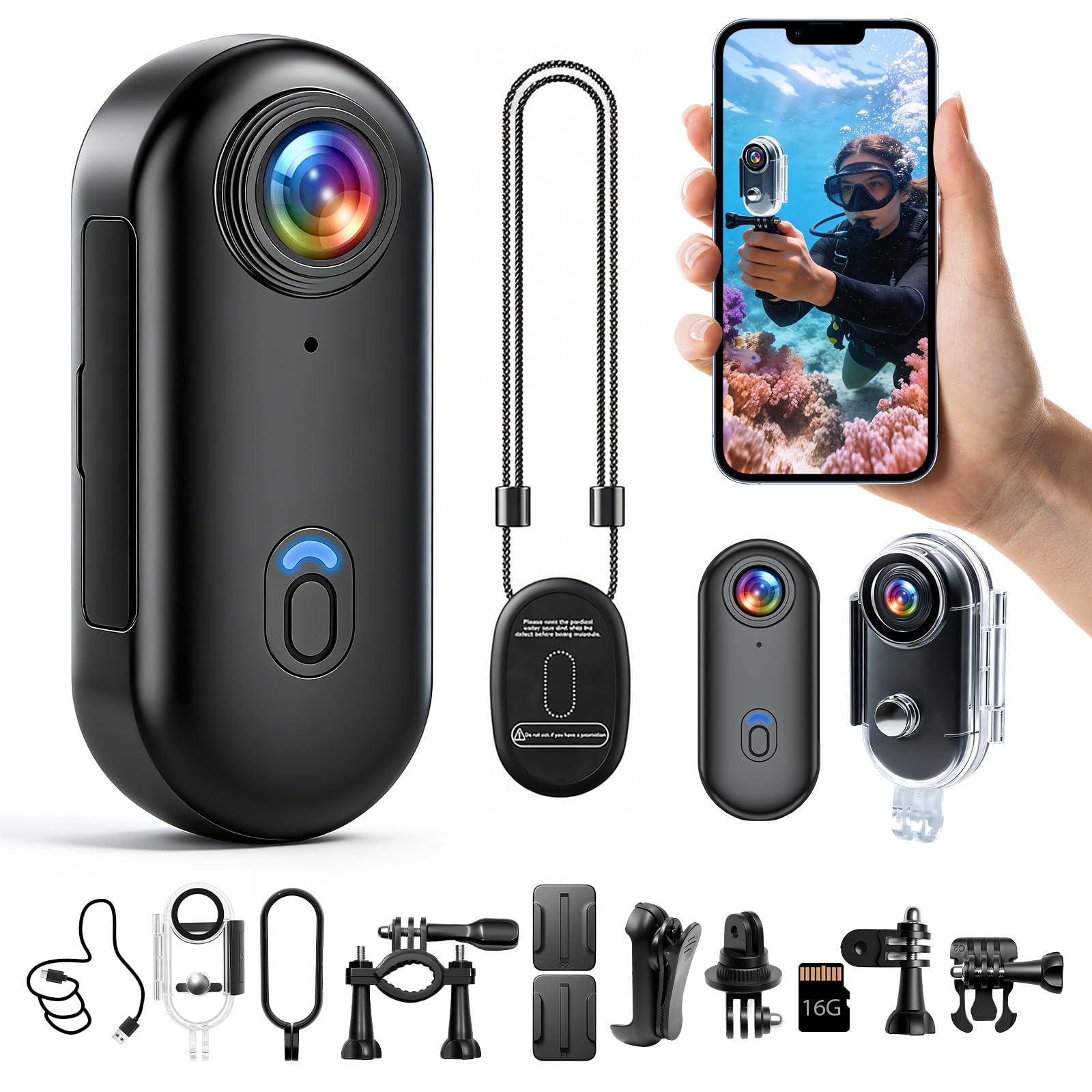 Mini-Actionkamera WiFi 4K, Wasserdichte 120°-Actionkamera, Daumen-Bodycam