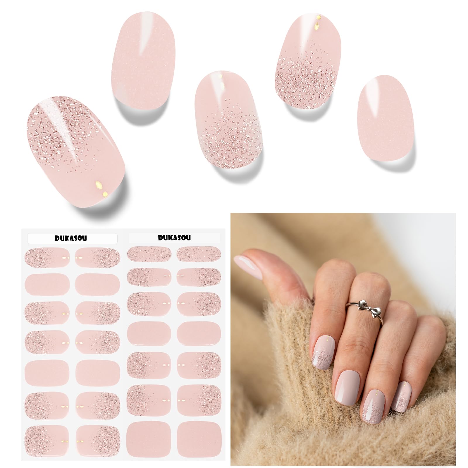 DUKASOU Semi Cured Gel Nail Strips (Complexion), 28 pcs Gel Nail Stickers, Work with Any UV Lights, Long-Lasting NailWraps for Women, Salon-Quality,