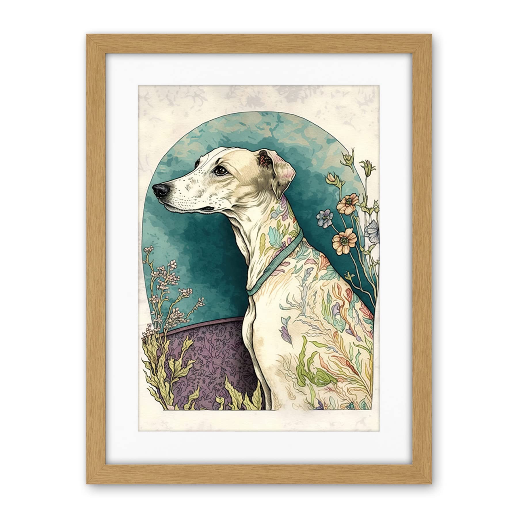 Artery8 Whippet Dog with Flowers Modern Multicoloured Watercolour Illustration Artwork Framed Wall Art Print 18X24 Inch