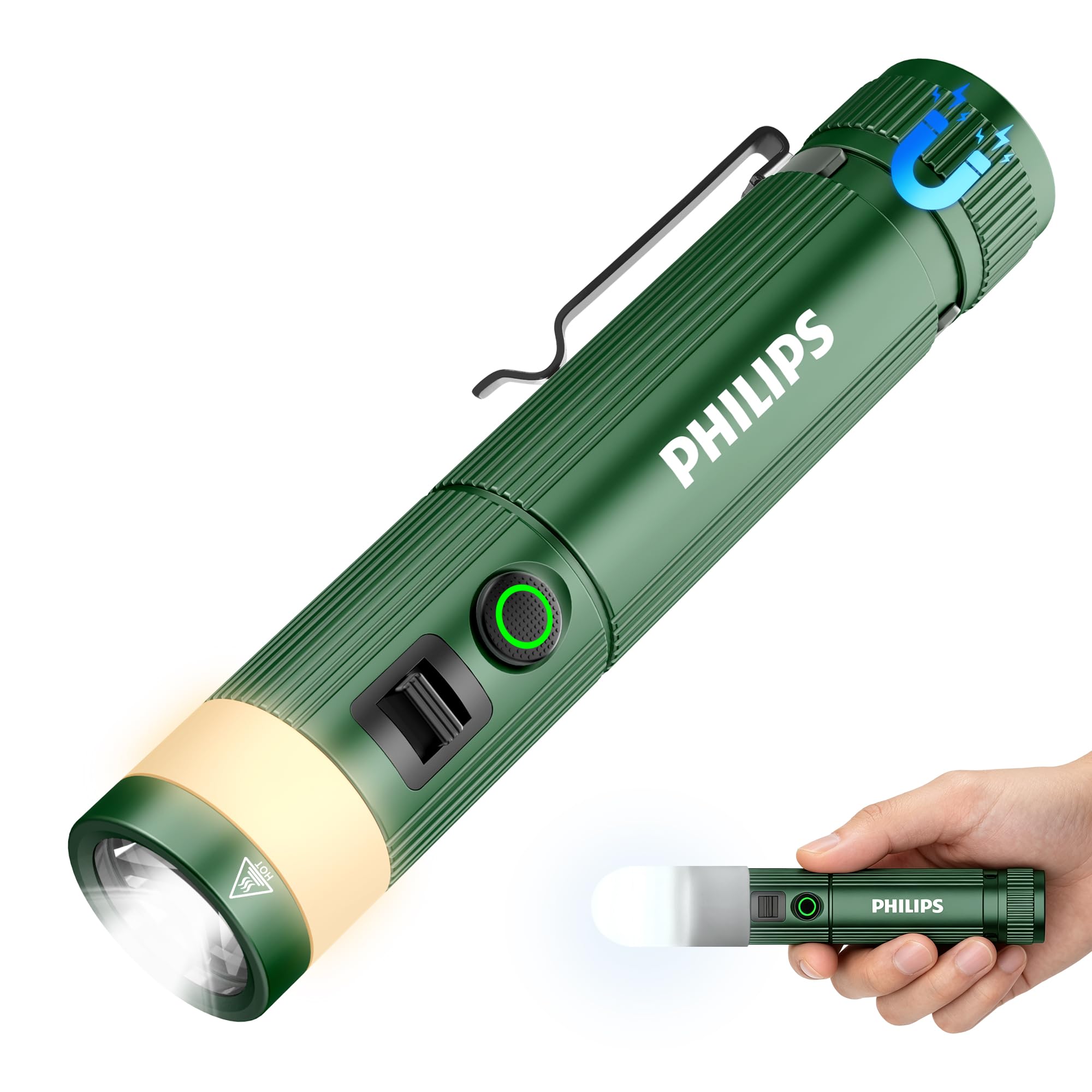 PHILIPS SFL5288 Rechargeable EDC Flat Flashlight with Camping, Warm White LED Combo, 1000 High Lumens Aluminium Portable Pocket Lights with 10 Modes, Two Sources for Outdoors Emergency Working (Green)-image-15