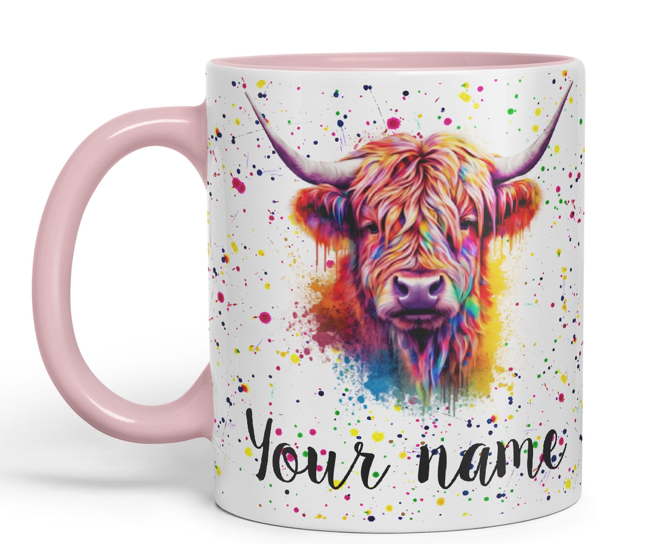 Vixar Personalised Mug with Your Text Name Highland Scottish Cow Farm Animals Watercolour Art Coloured Ceramic Mug Cup Gift 330ml 11oz Custom Work Office Tea Coffee HC4 (Pink)