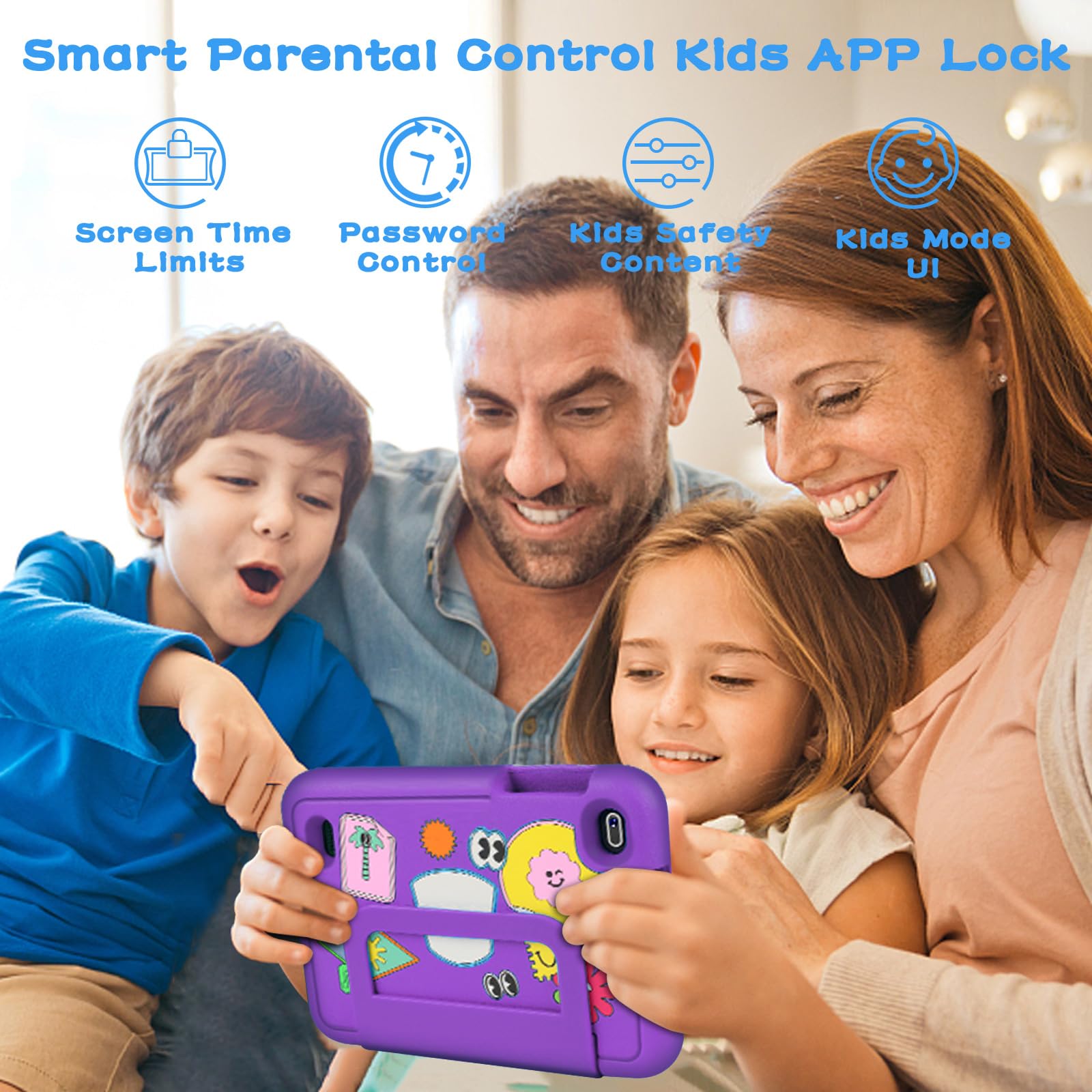Tablet Bambini 7 pollici Android 13, 7GB RAM + 64GB ROM/TF 1 TB, Wi-Fi 6, BT 5.0, 8-core, Batteria 3500mAh, Controllo Parentale, Doppia Fotocamera, GMS, Tablet Bambini Con Custodia in EVA - Viola