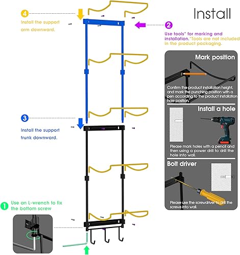 Miniatura 6 de Soporte para tapete de yoga, organizador de pared, rodillo de espuma de almacenamiento y bloque, con 5 secciones y 3 ganchos para colgar correa de