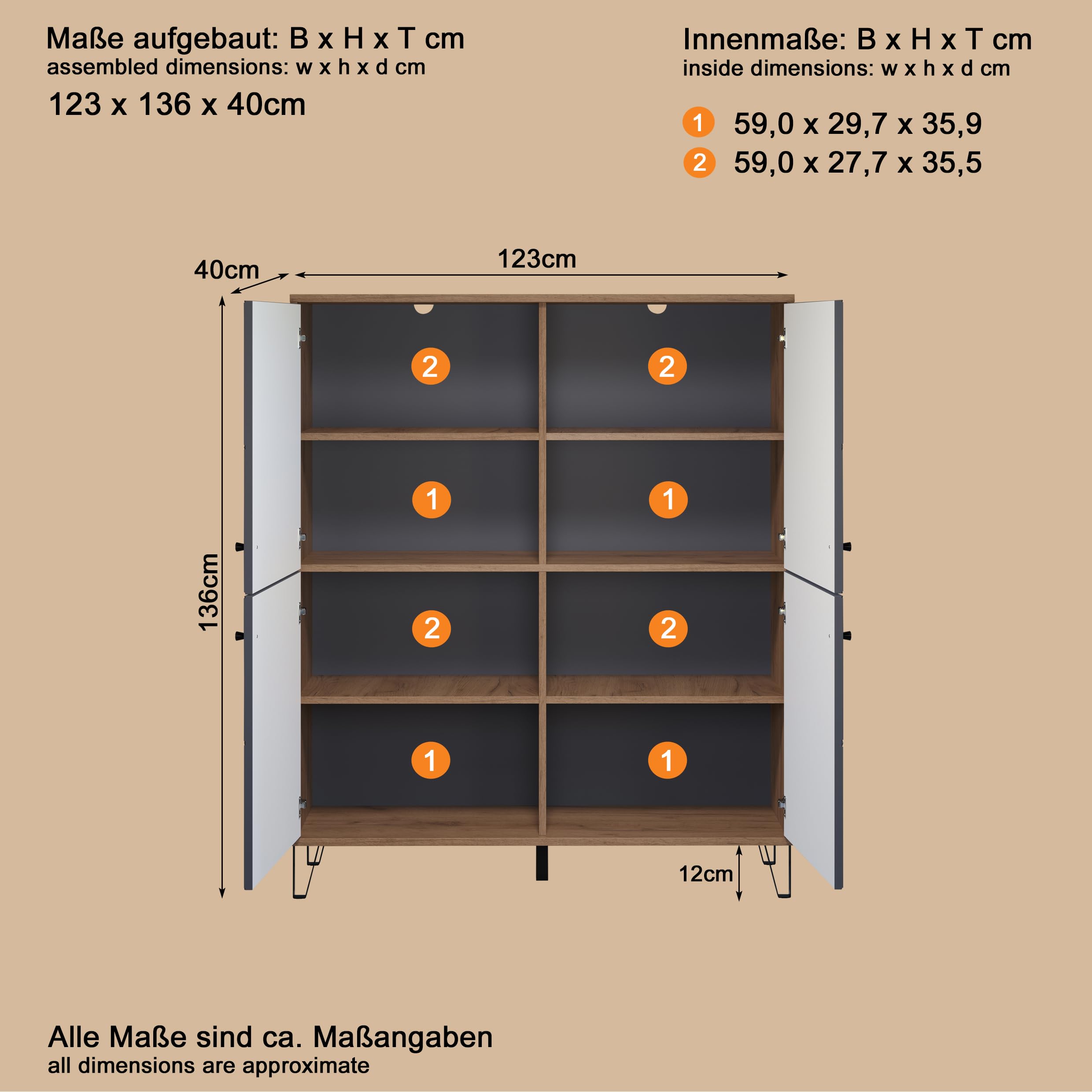 trendteam smart living - Montez - Sideboard - Grau/Eiche - Highboard mit 4 Türen und 4 Einlegeböden - (BxHxT) 123 x 136 x 40 cm - Front mit Rautenoptik, Soft-Close