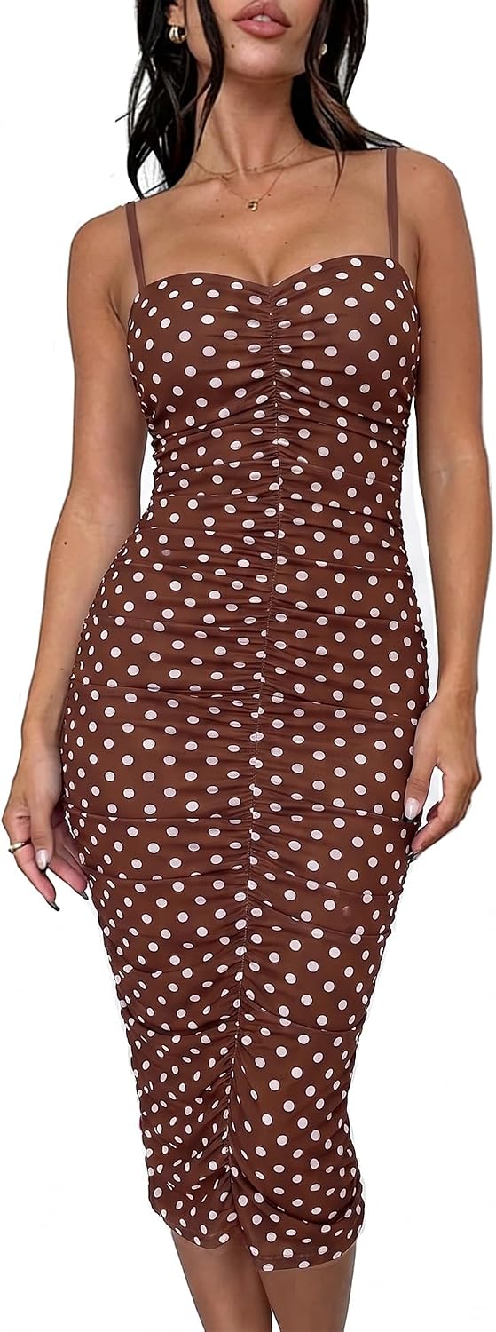 Women's 2026 Summer Floral Mesh Ruched Bodycon Dress Sexy Sleeveless Backless Cocktail Party Midi Dresses
