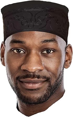 Dupsies Black Adebo African Kufi Hat with Black Embroidery