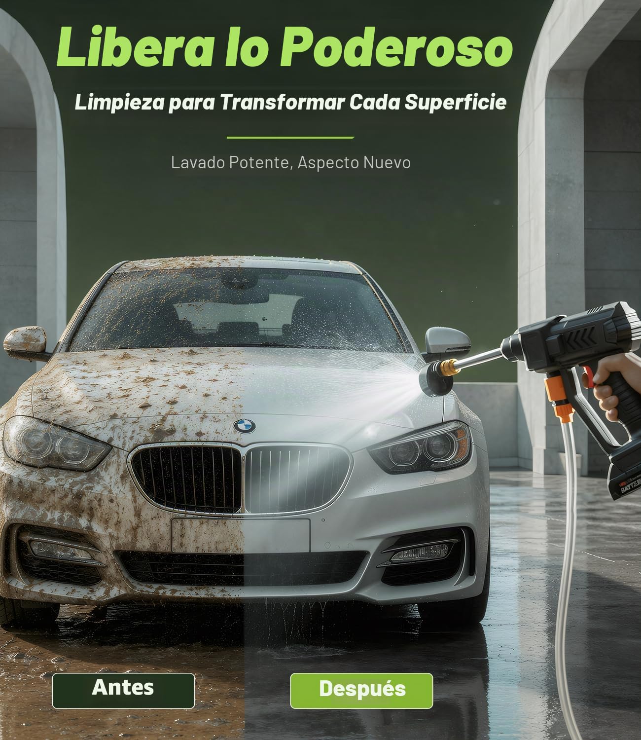 Hidrolimpiadora de Alta Presion, Limpiador de Alta Presión Portátil, Pistola de Agua a Presión, máx 260 PSI, con 2 Baterías, Pulverizador de Espuma, Boquilla 6 en1 para Coches, Terraza, Jardín