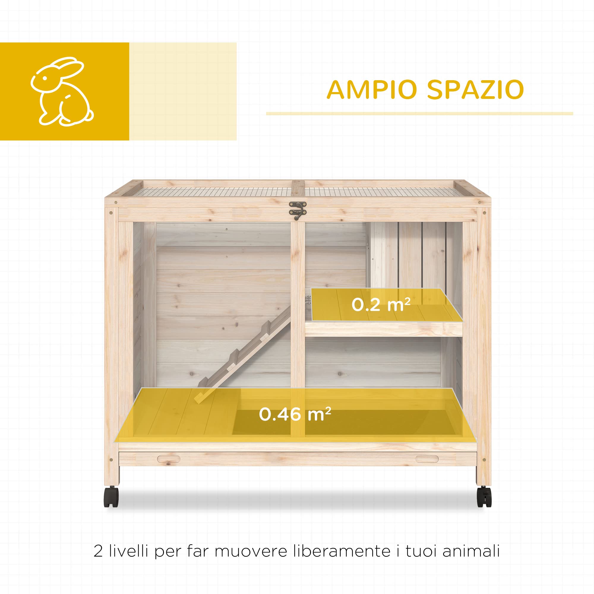 PawHut Conigliera in Legno a 2 Livelli con Casetta per Conigli e Porcellini d'India, Gabbia per Conigli con Rampa e Vassoio Estraibile, 91.5x53.3x73cm, Color Legno