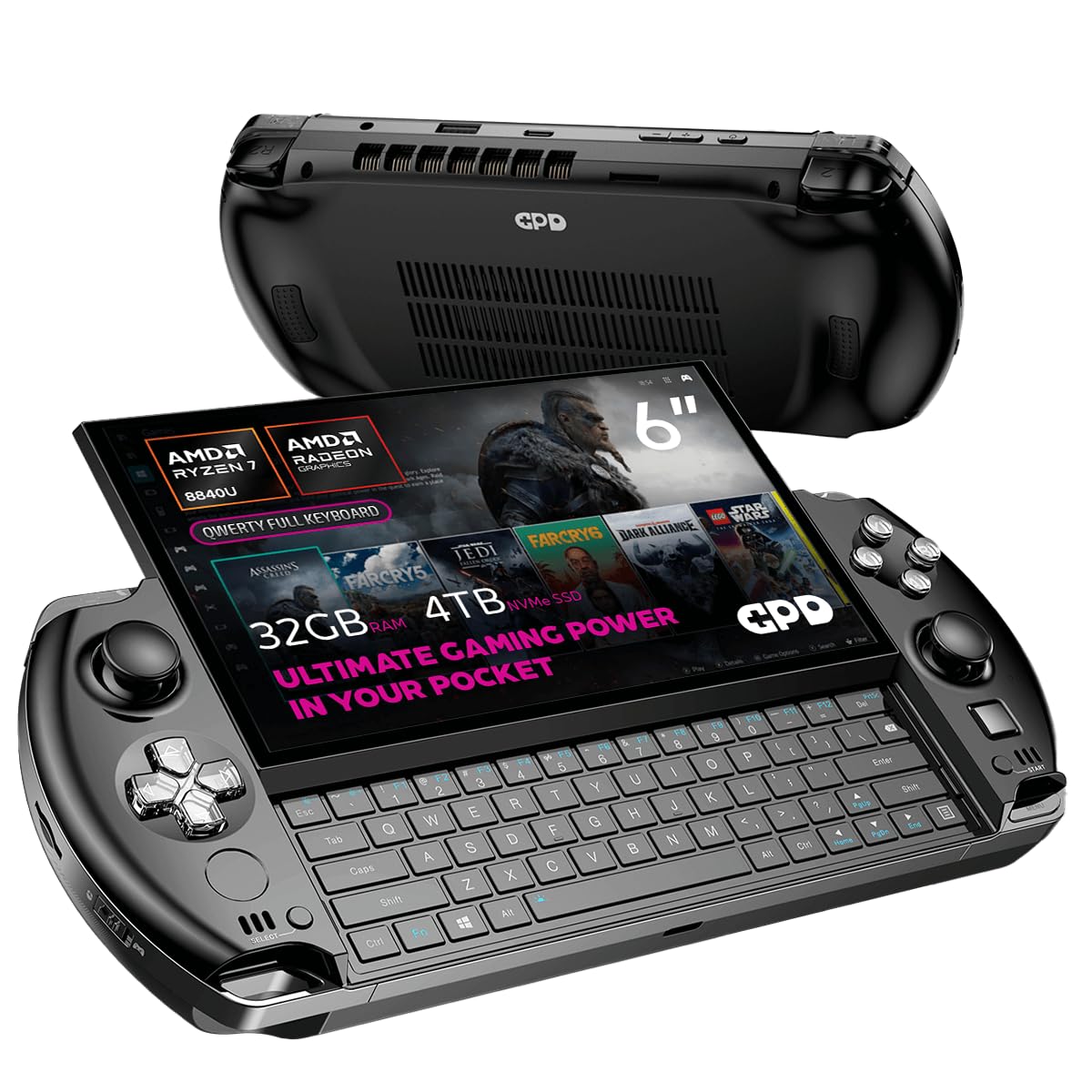 GPDWIN 4 2025 handheld gaming PC with AMD Ryzen 7 8840U, 8C/16T, 5.1GHz, Radeon 780M, 32GB LPDDR5X RAM, 4TB SSD, 6" 1080P display, OcuLink slide up backlit keyboard, portable gaming console