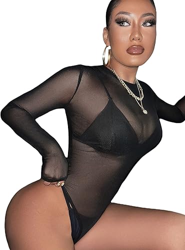 Miniatura 3 de SheIn Camiseta de manga larga de malla transparente para mujer, cuello redondo, sin brasier, malla negra, talla XS, Malla Negra