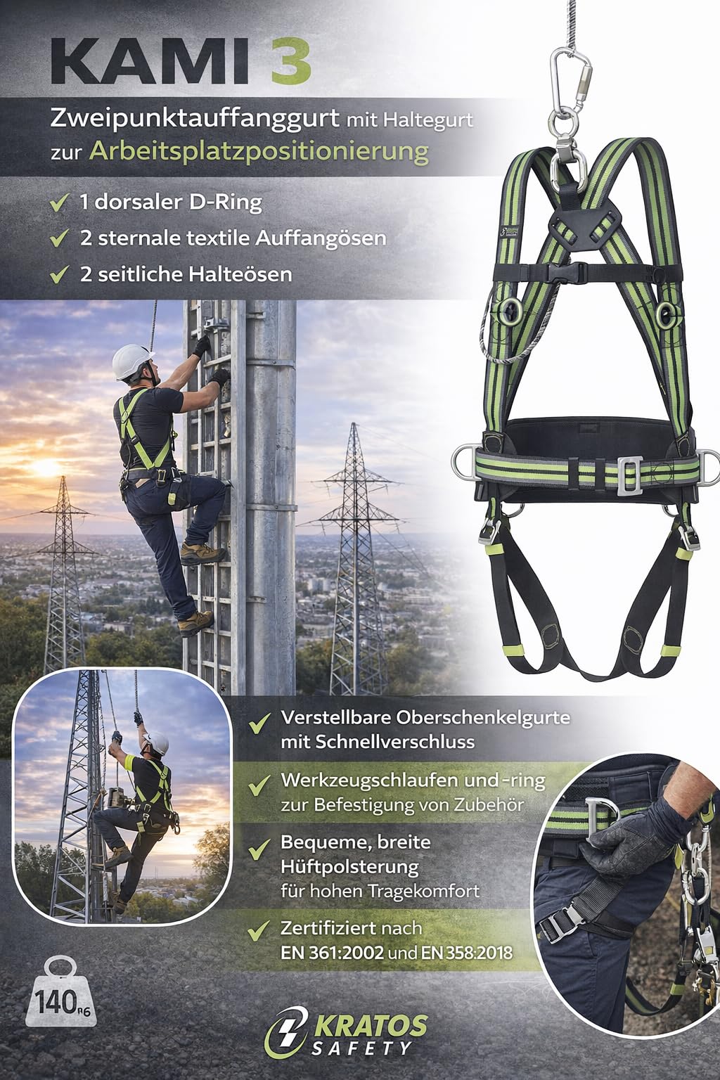 Kratos Safety EN358/361 - Arnés de seguridad con correa de sujeción y silbato, hasta 140 kg, PSA, EN358/361