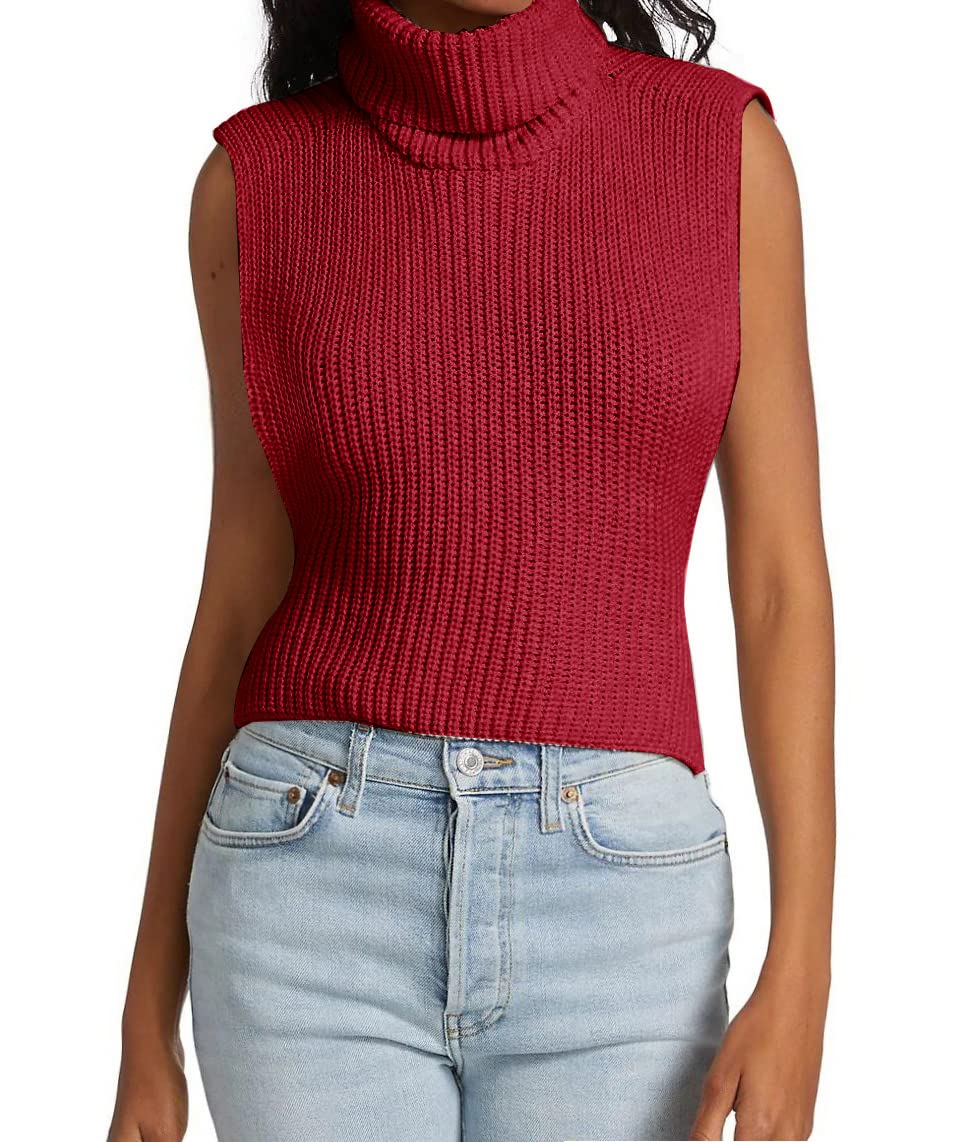 Womens Sleeveless Sweater Vest Turtleneck Ribbed Knit Tank Tops Basic Slim Fit Top