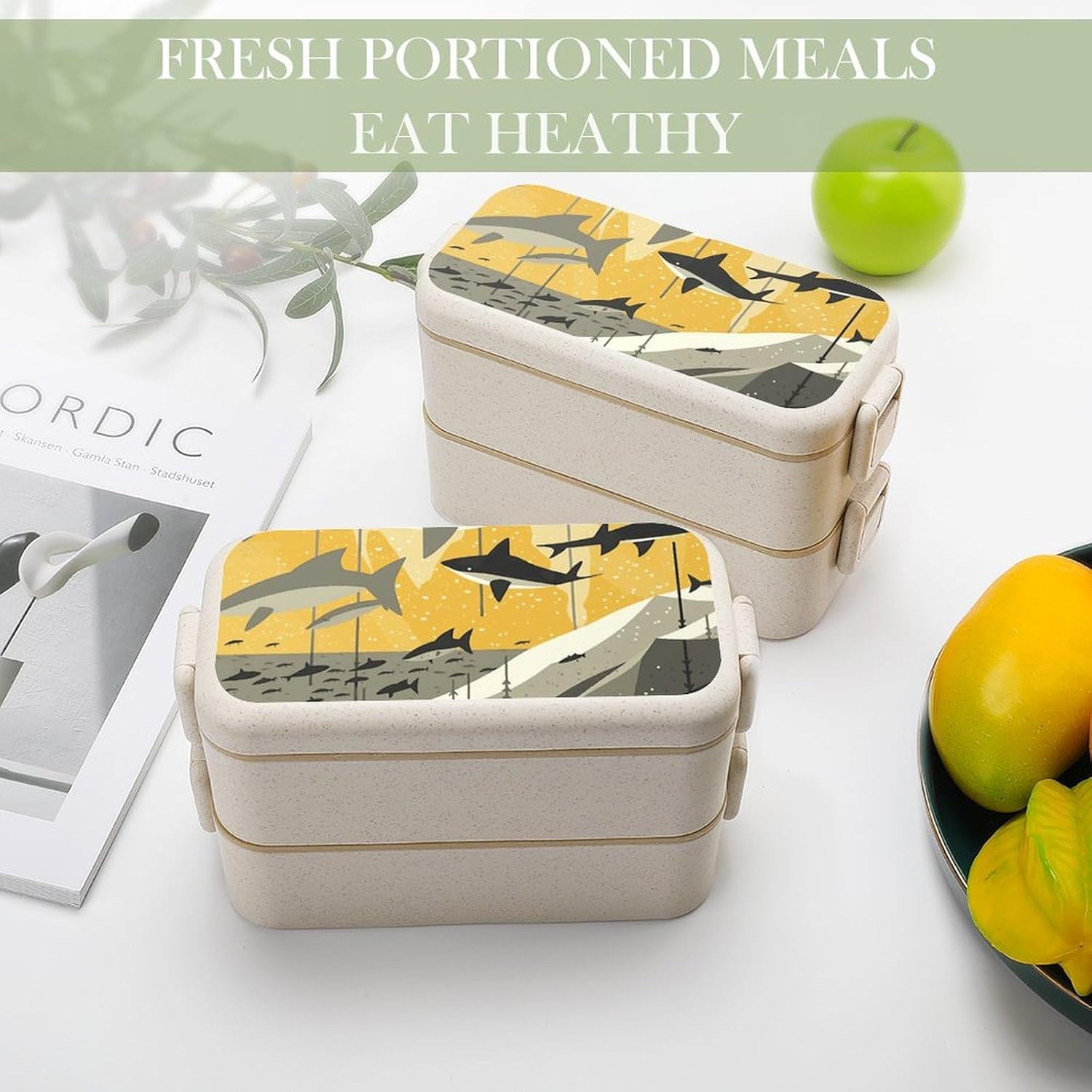 Lunch Box Bento Premium Shark Silhouette Printed Bento Box Bento with Spoon And Fork with Compartment Containers Suitable for Men And Women, style