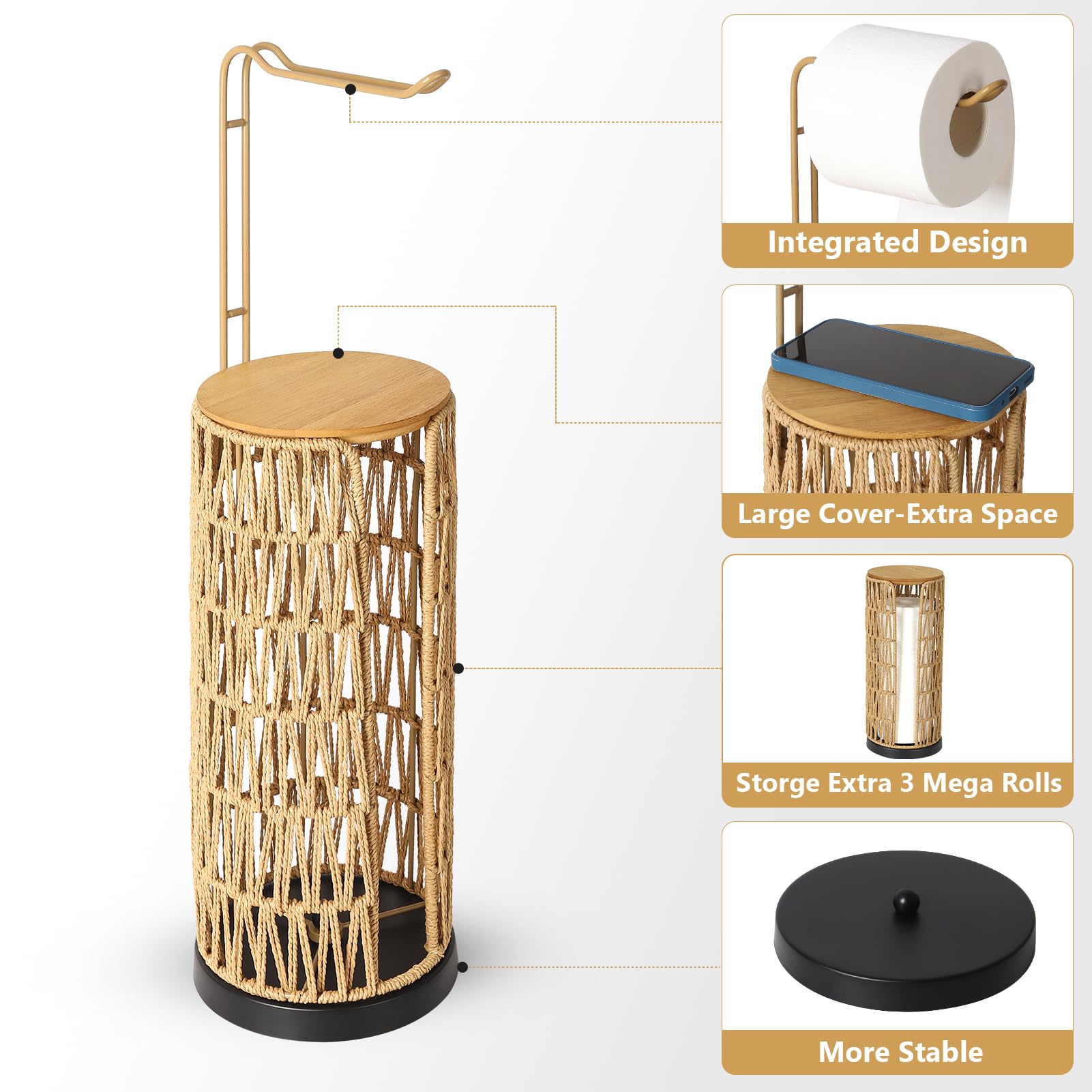 Distributeur de Papier Toilette Autonome Rangement avec étagère, Distributeur de Papier Toilette de Salle de Bain Debout, Rangement de Papier Toilette en rotin Boho pour 4 Rouleaux de Papier Toilette