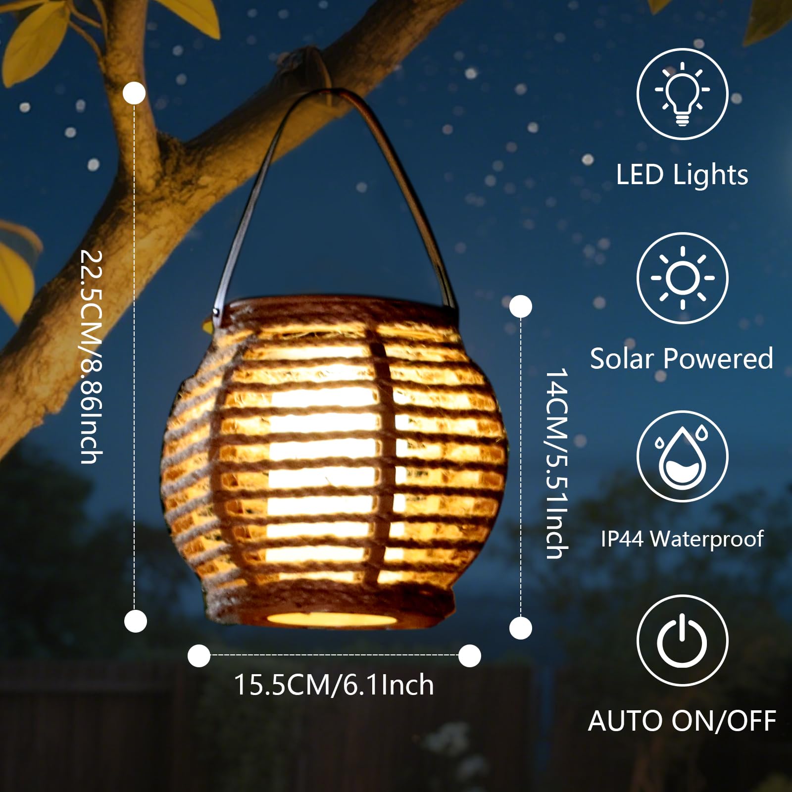 Lanterna solare per esterni, set di 2 lampade solari da giardino con accensione e spegnimento automatico, lanterna intrecciata in fibra naturale, bianco caldo, impermeabili, per terrazza, balcone