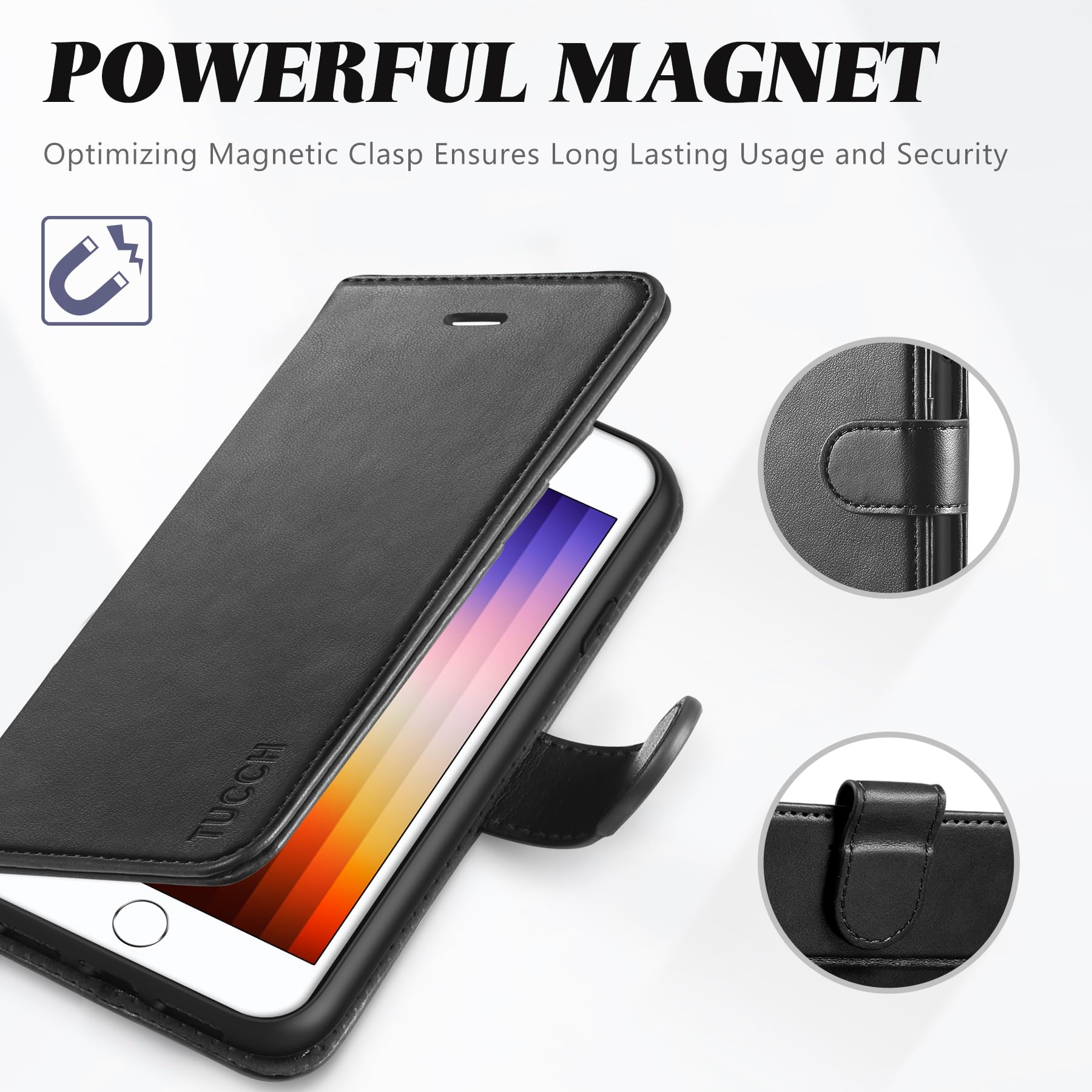 TUCCH Custodia per iPhone SE 2022, per iPhone SE 2020 per iPhone 8, per iPhone 7 Portafoglio Chiusura Magnetica Tasca Carte Portacellulare Antiurto per iPhone SE3/SE2/8/7 (4,7”), Nero