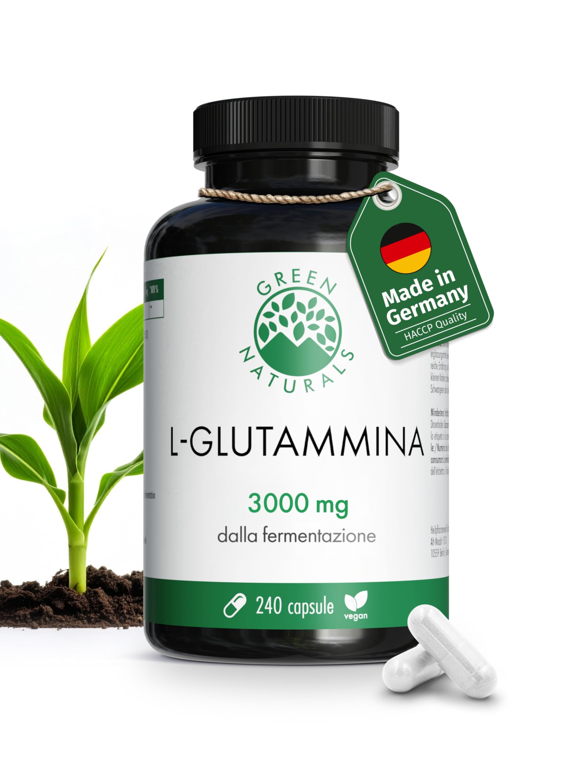 Green Naturals® L-Glutammina – Alto dosaggio 3.000 mg per dose giornaliera – Aminoacido puro in forma libera da fermentazione naturale – 100% vegana & senza additivi – 240 capsule (60 giorni)