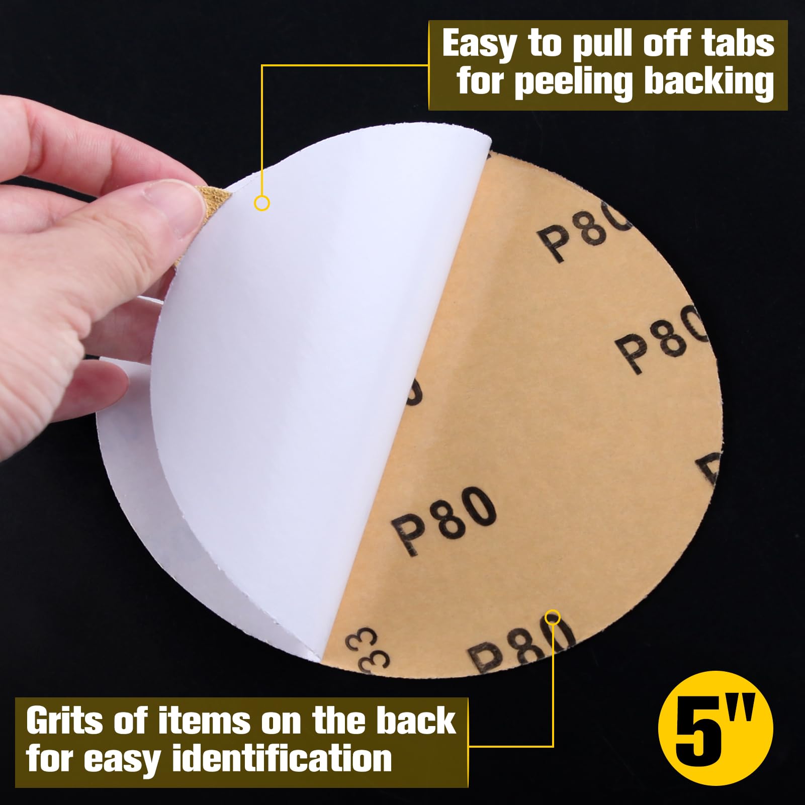 SPEEDWOX 50PCS 5" Gold PSA disques de ponçage 80 Grit auto-adhésif disques de papier de ponçage pour DA Sander Gold PSA disques de ponçage pour ponçage peinture de voiture automobile travail du bois