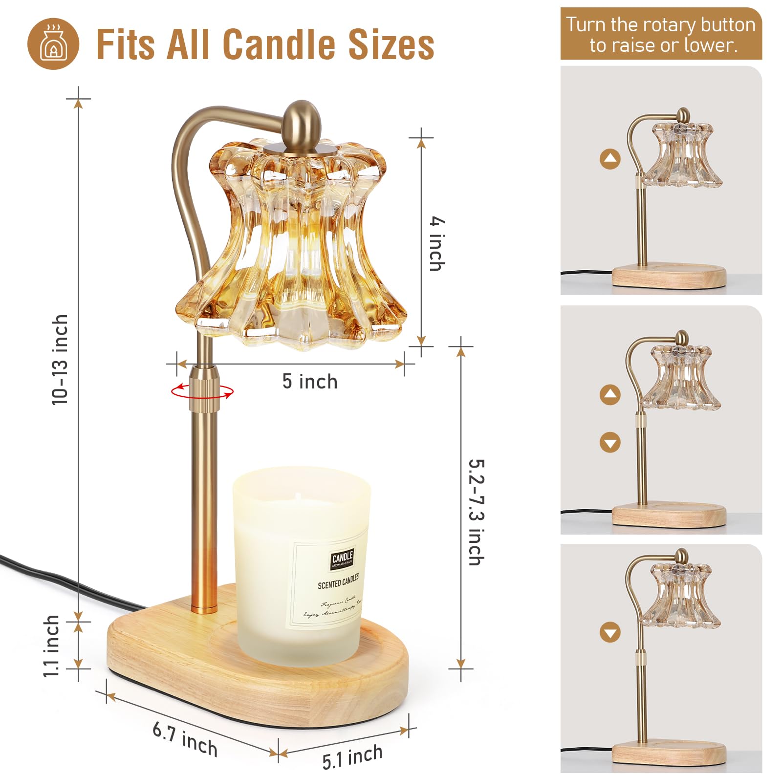 Lampada Candela, Lampada Scalda Candele with Dimmer 2/4/8H, Profumata Candle Warmer, Dimmable, Altezza Regolabile, con 2 Lampadine (Oro)