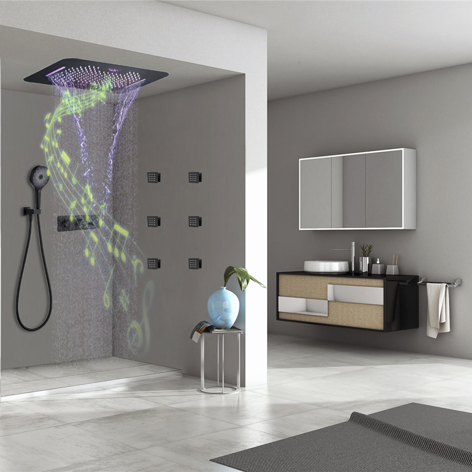 Termostatyczny system prysznicowy, zestaw prysznicowy z muzyką Bluetooth, 58 x 38 cm, system prysznicowy z deszczownicą ręczną, 6 zestawów armatury spa Body Combo