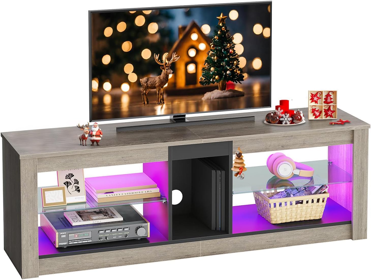 Bestier LED Gaming TV Stand for 55 Inch TV, Entertainment Center with Adjustable Glass Shelves, Modern Media Console for Living Room & Bedroom TV Cabinet Game Console PS4, Wash Gray