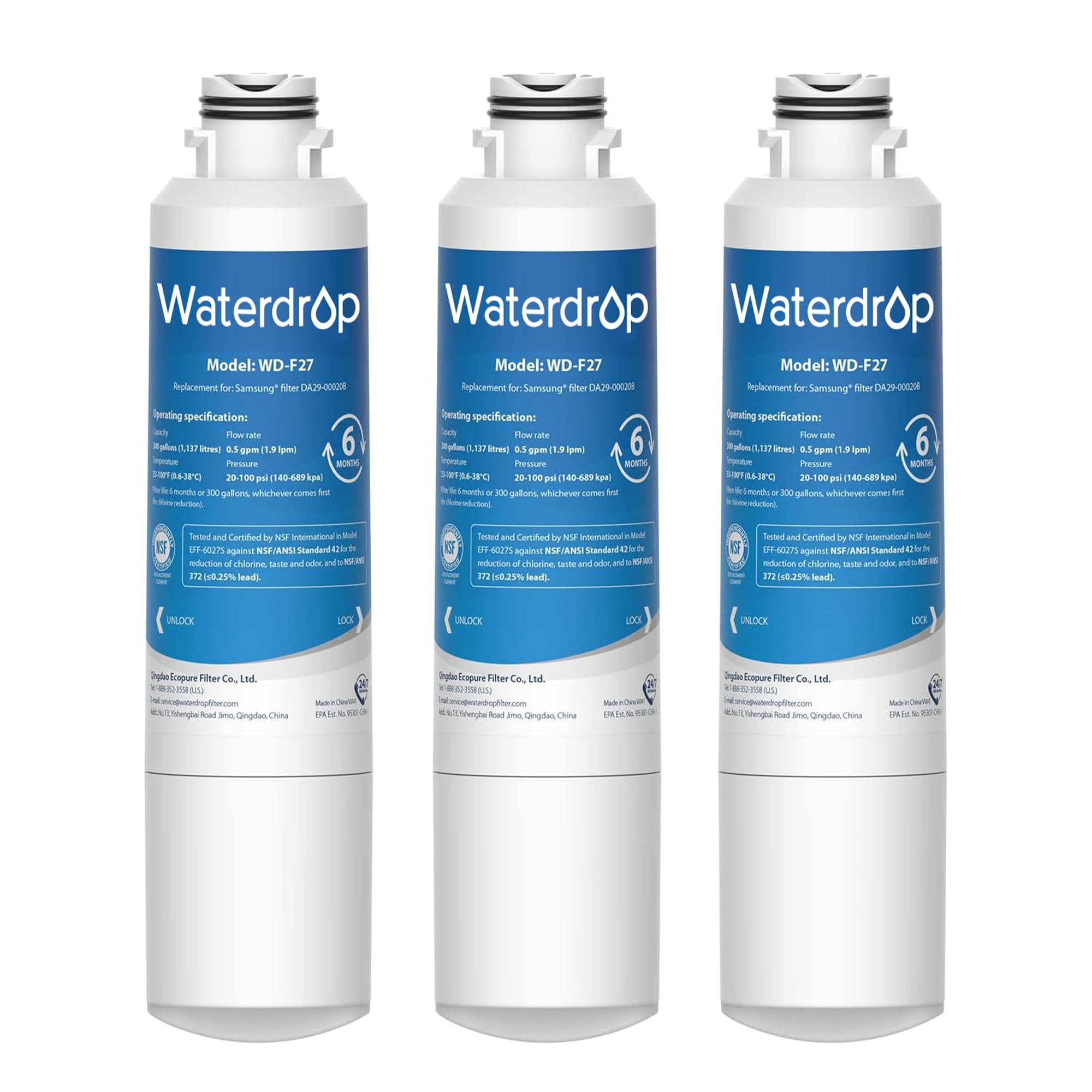 Waterdrop DA29-00020B Replacement for Samsung® Water Filter HAF-CIN/EXP, DA29-00020B, HAF-CIN, DA29-00020B-1, RF28HMEDBSR, RF263BEAESR, RS25J500DSR, RF263TEAESG, HDX FMS-2, DA97-08006A-1, 3 Filters