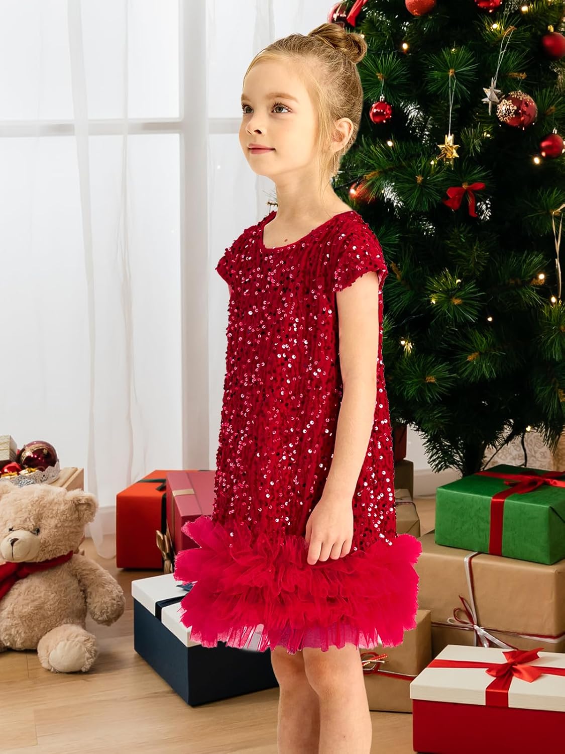 Miipat Toddler Girls Sequin Dress Sparkly Gown Party Dresses Little Kids A-Line Velvet Dress - Image 3