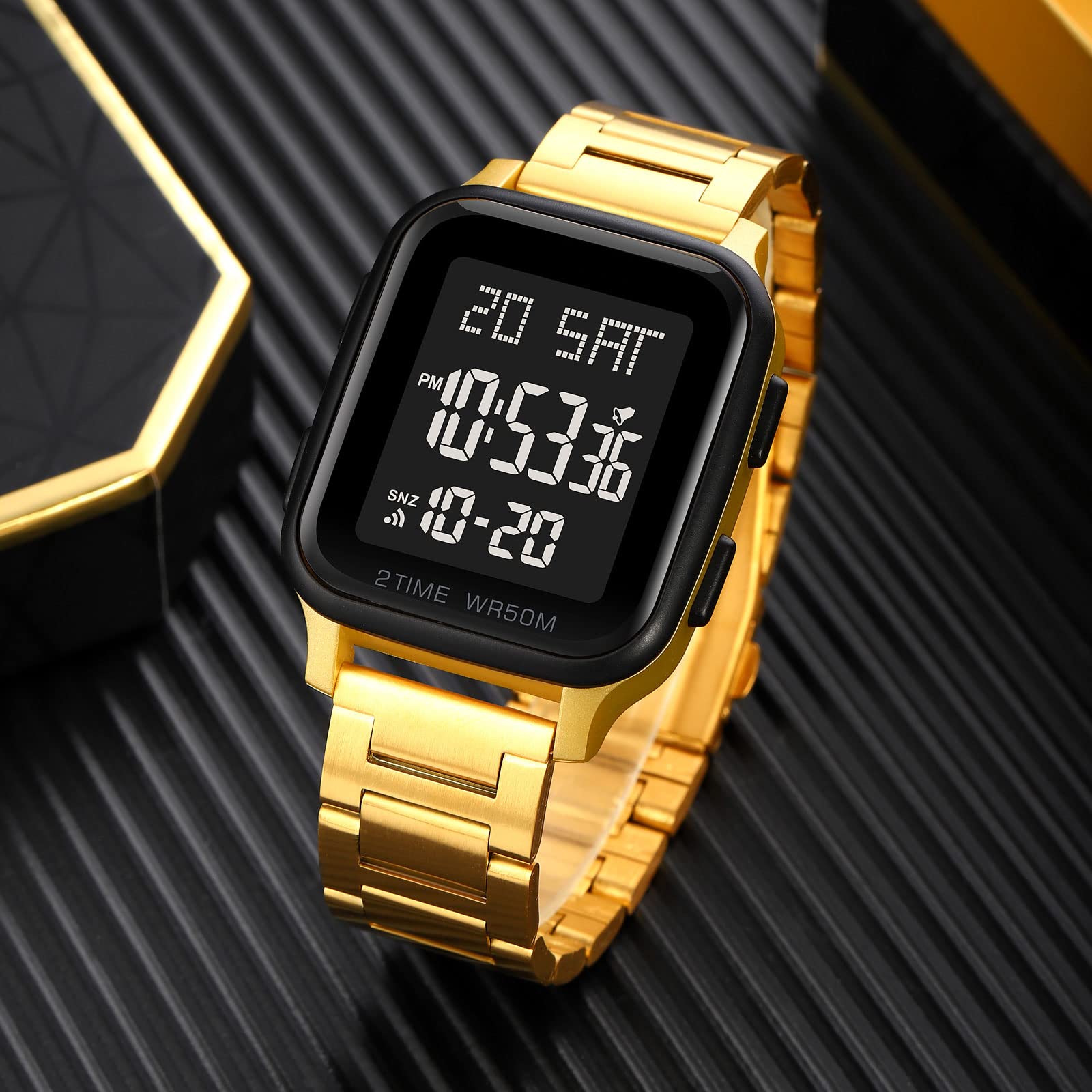 Orologio digitale da uomo in acciaio inox, digitale, 5 ATM, impermeabile, multifunzione, digitale, con sveglia, cronometro, calendario, LED, doppio tempo, cassa quadrata