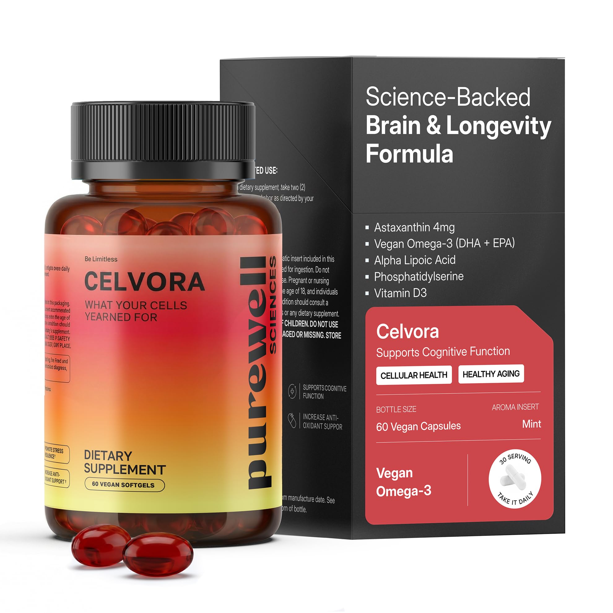 Celvora - Astaxanthin & Vegan Omega 3 - Longevity Supplement - 60 Softgels