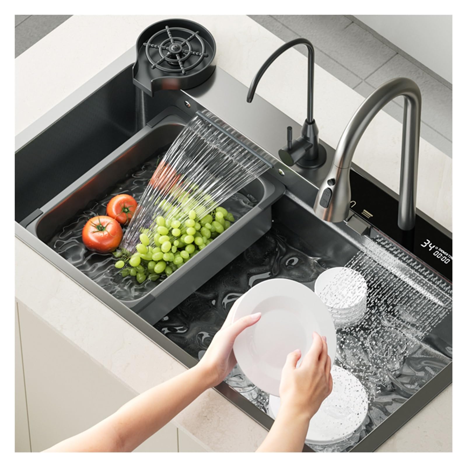 ZQFHSX Modern double waterfall sink black single bowl stainless steel multifunctional kitchen LED display tabletop controls pull-out faucet multiple accessories(68 * 45 22cm)