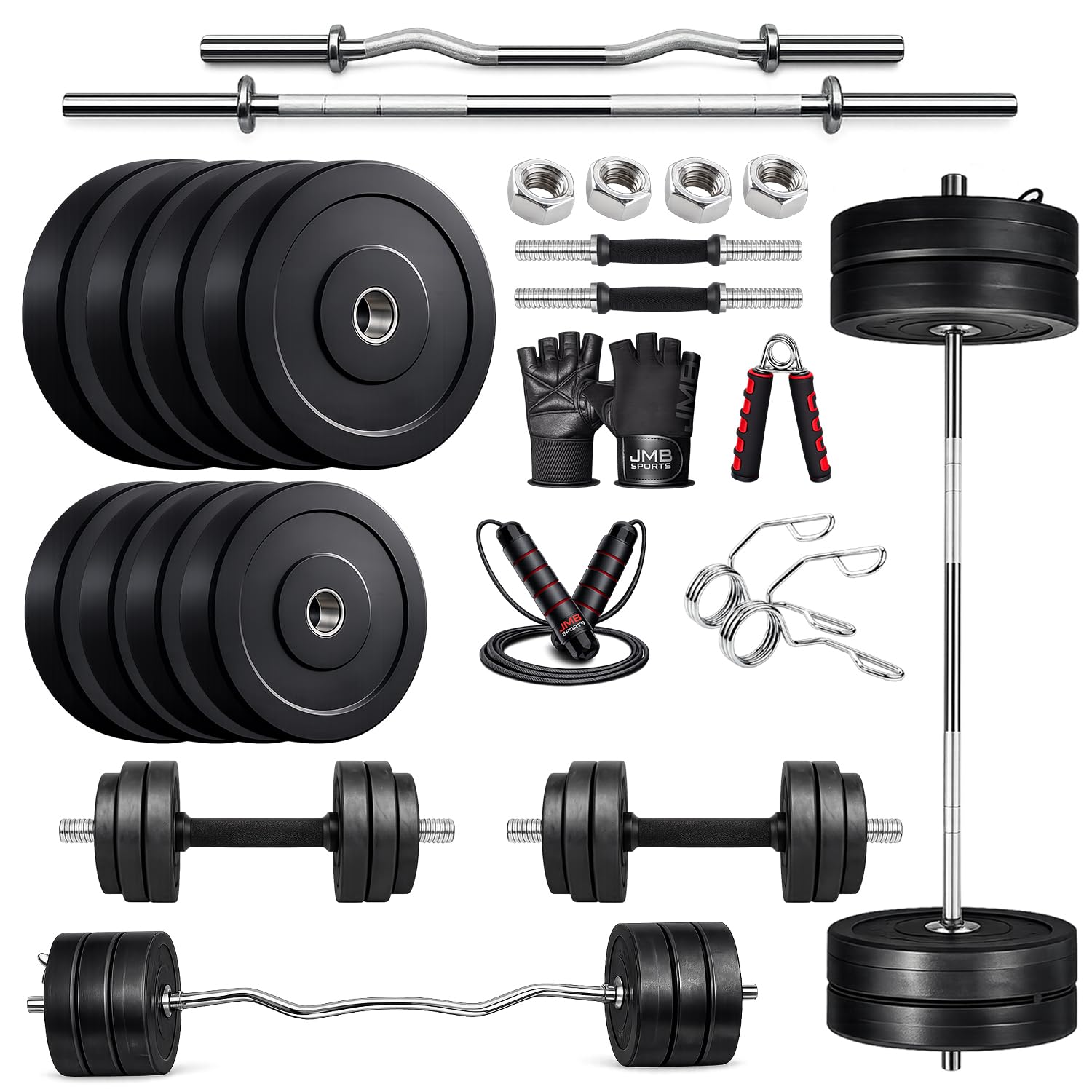 JMB Rubber Home Gym Set with 3Ft Curl Bar, 5Ft Straight Barbell Rod, Dumbbell Rods & Rubber Coated Plates Combo – Adjustable Strength Training Equipment Kit (20kg)-image-17