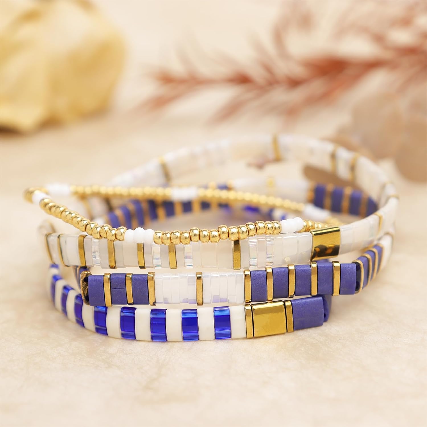 Tila Flat Gold Beaded Bracelets Stretch Set for Women,Handmade Miyuki Glass Square Beads Stack Bracelet Festive Friendship Accessories Jewelry Gift. - Image 6