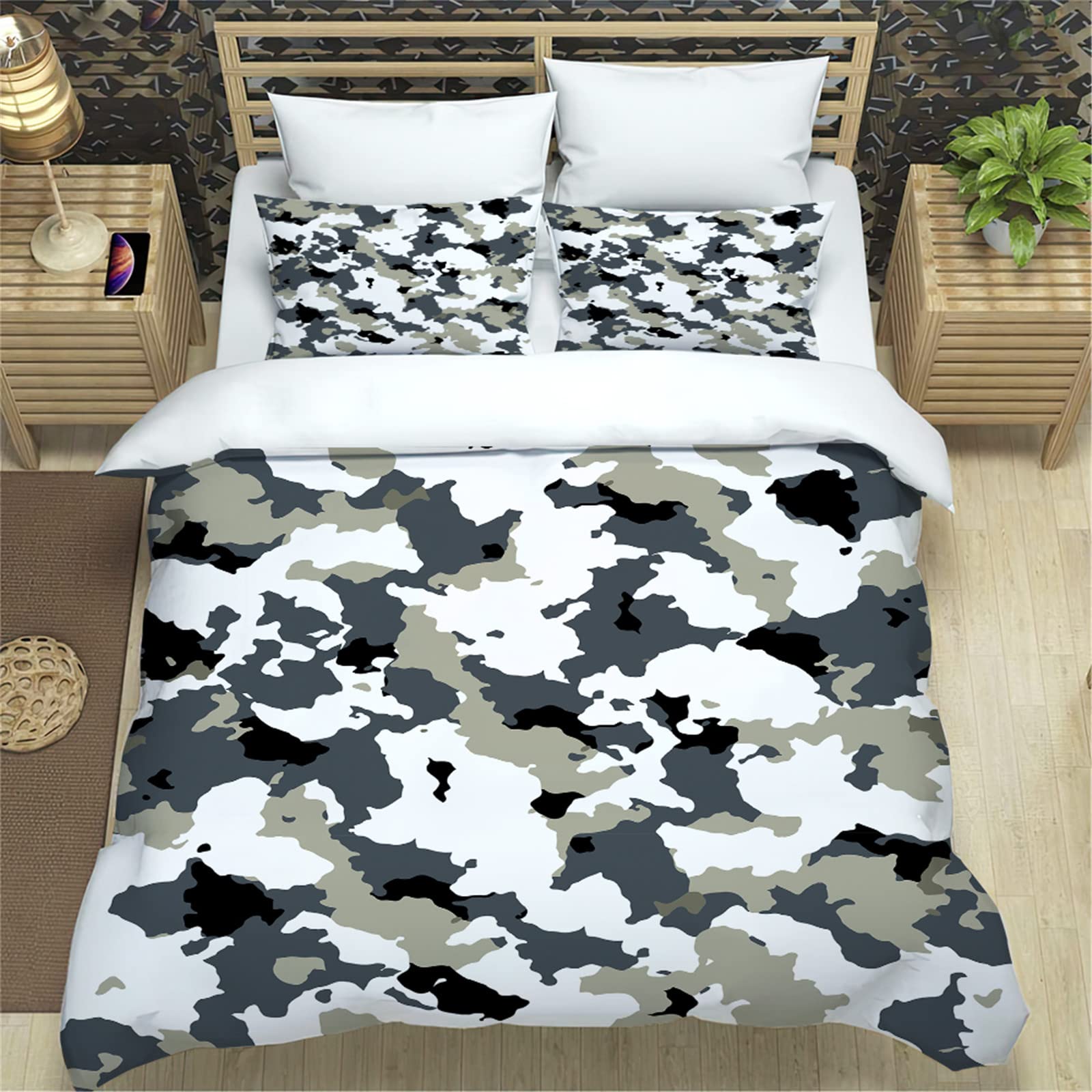 Hixingo Nordico Stampa Set di Biancheria da Letto in Microfibra, Morbida Traspirante 3D Camouflage Set Copripiumino e Federe Adatto e Bambini Adulti (Mimetico Grigio,220x260cm)