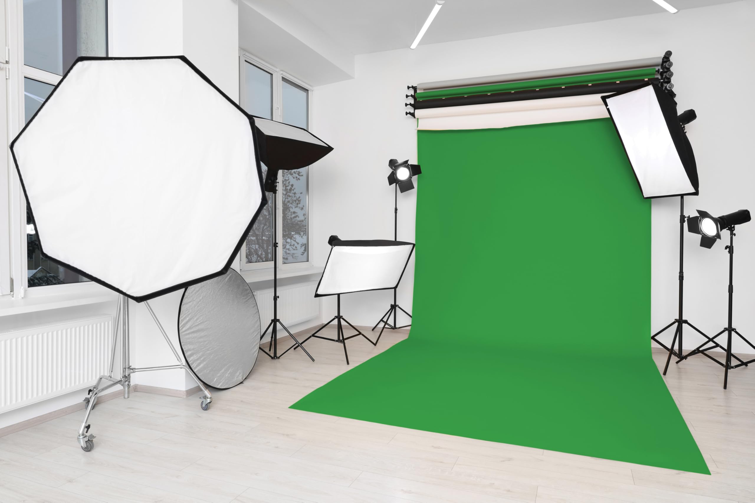 Denny Manufacturing - Telón de fondo de papel sin costuras para fotografía, rollo de papel verde sin costuras – Pantalla verde (86 pulgadas x 36.8 pies) Incluye rollo de cinta adhesiva (2 pulgadas x