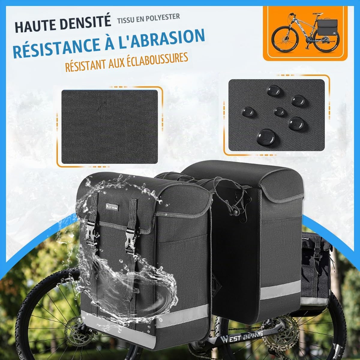 Sacoche Velo Porte Bagage Arriere,Sacoche Velo Arriere 34L à Double Compartiment,Crochets de Suspension et Bandes Velcro pour Une Installation et Un Retrait Rapides
