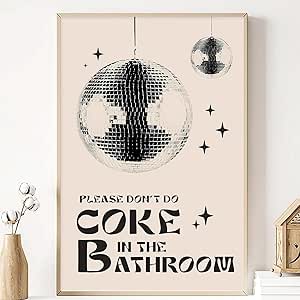 VERENIX Poster Rétro Avec Inscription « Please Don't Do Coke In The Bathroom » - Motif Cœurs Animés Beige - Décoration Murale Amusante Sur Toile Pour Salle De Bain - 30,5 X